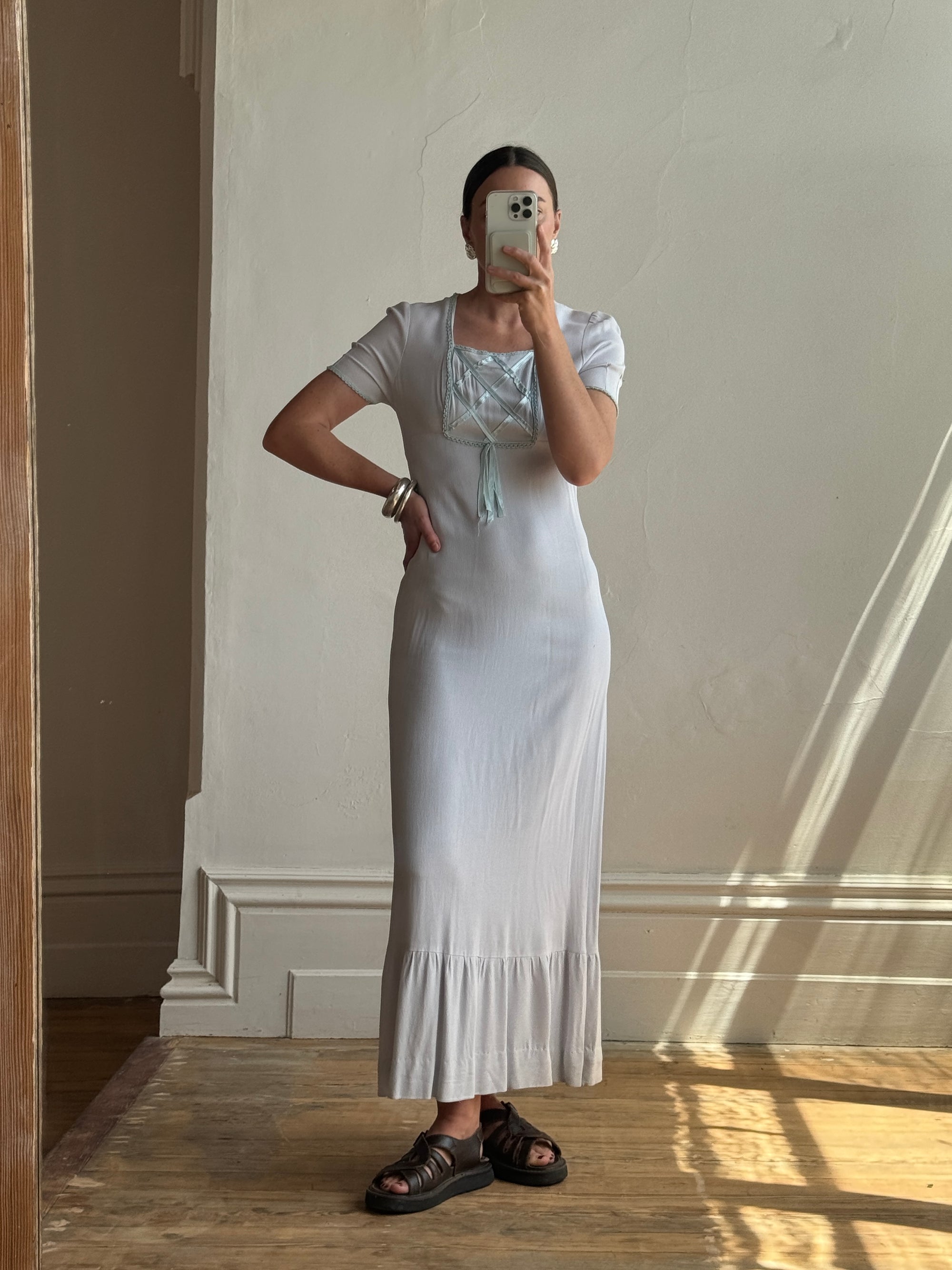 Vintage 70s Milkmaid Crepe Sundress Ice Blue