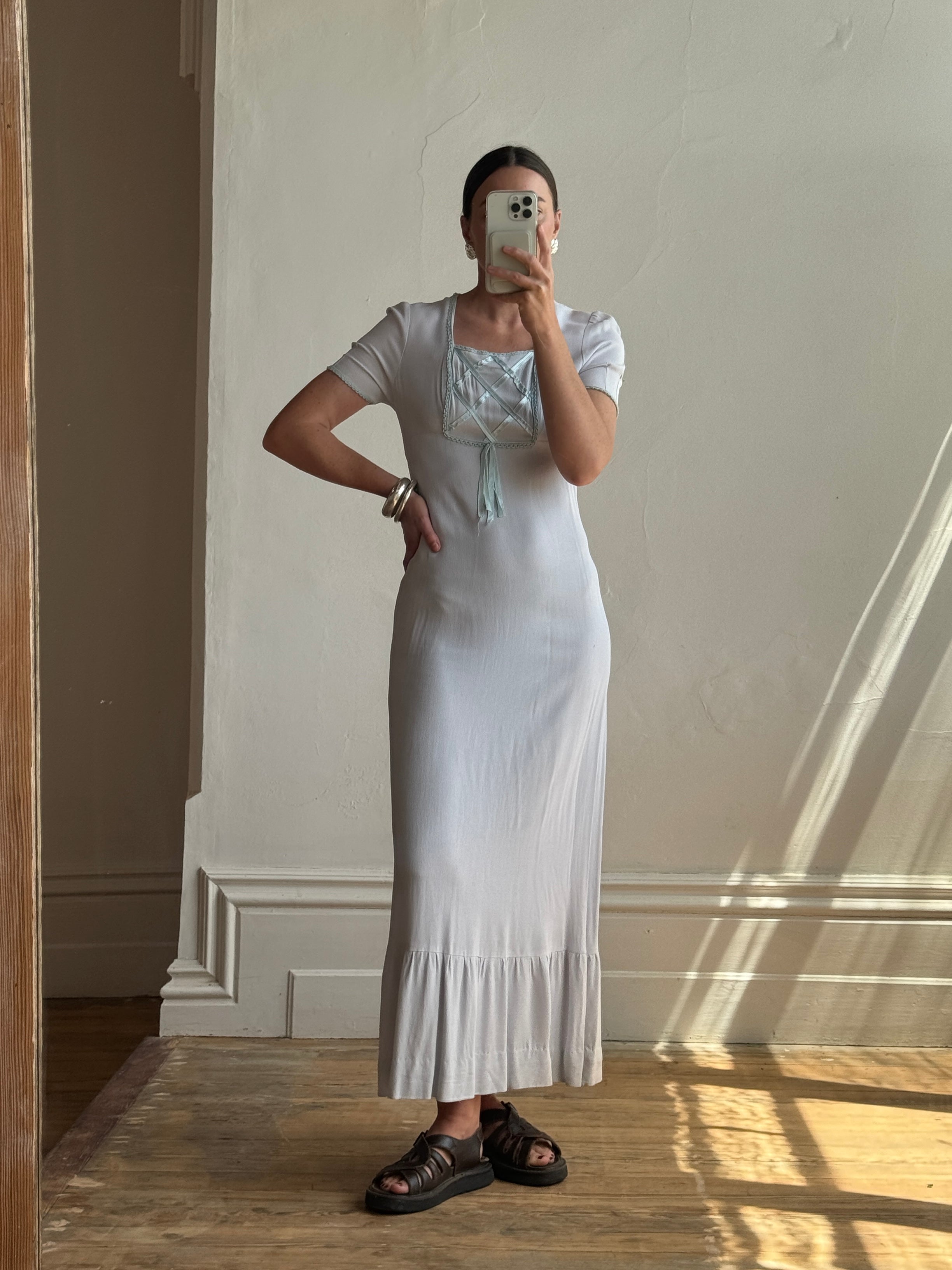 Vintage 70s Milkmaid Crepe Sundress Ice Blue