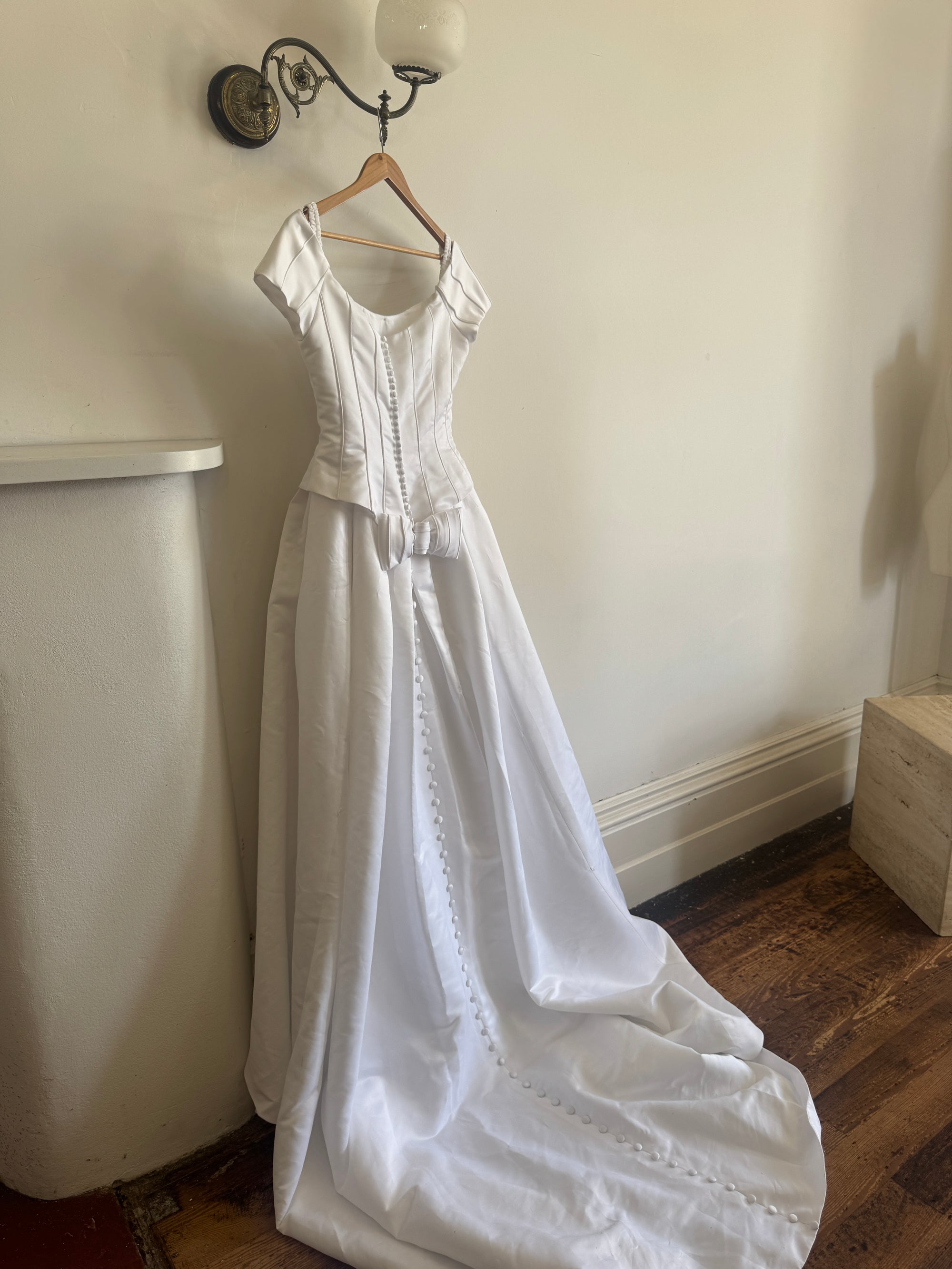 Vintage 90s Off Shoulder Box Pleat Wedding Gown