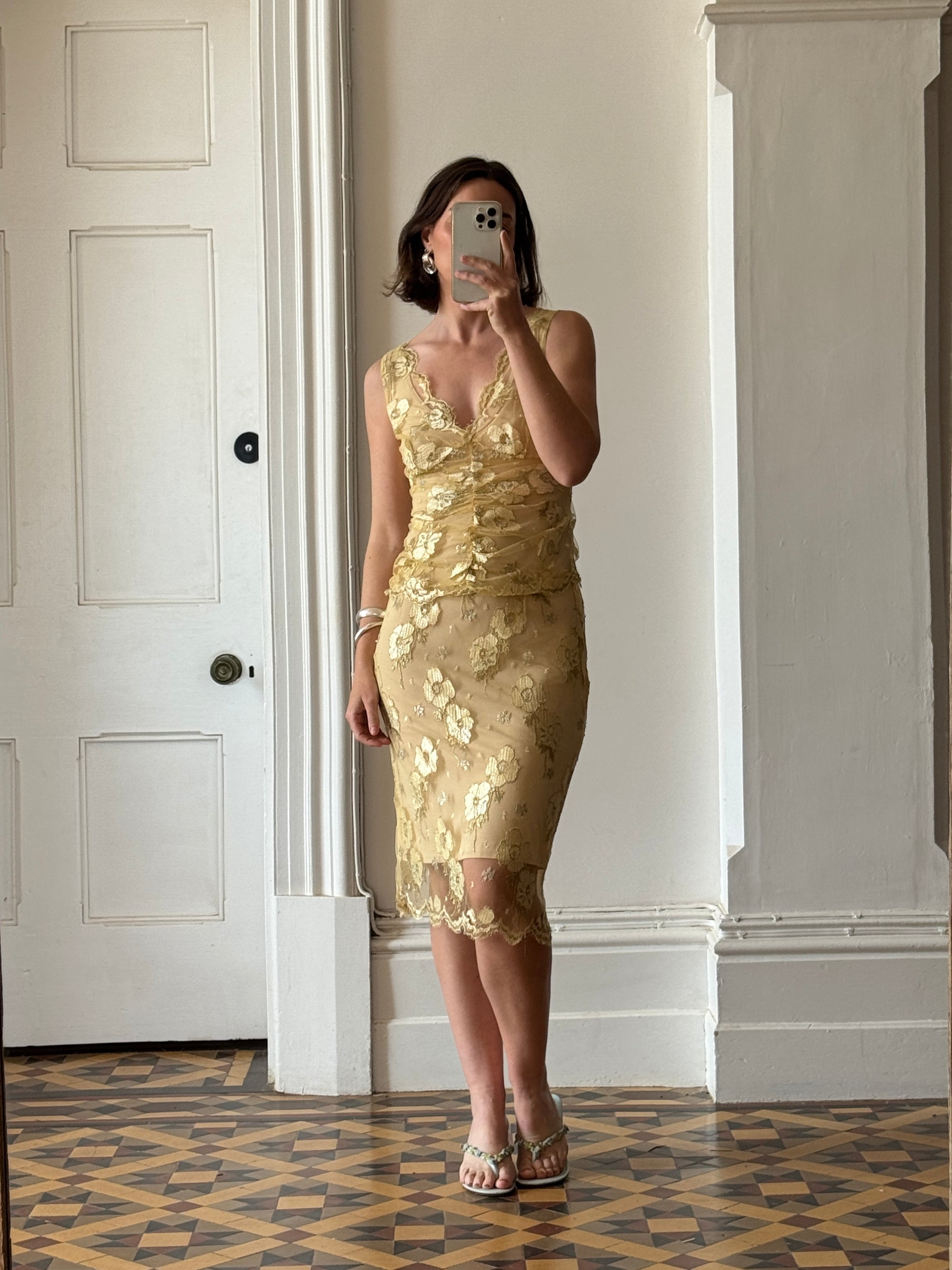 Vintage 2002 Collette Dinnigan Gold Foil Floral Two Piece Set