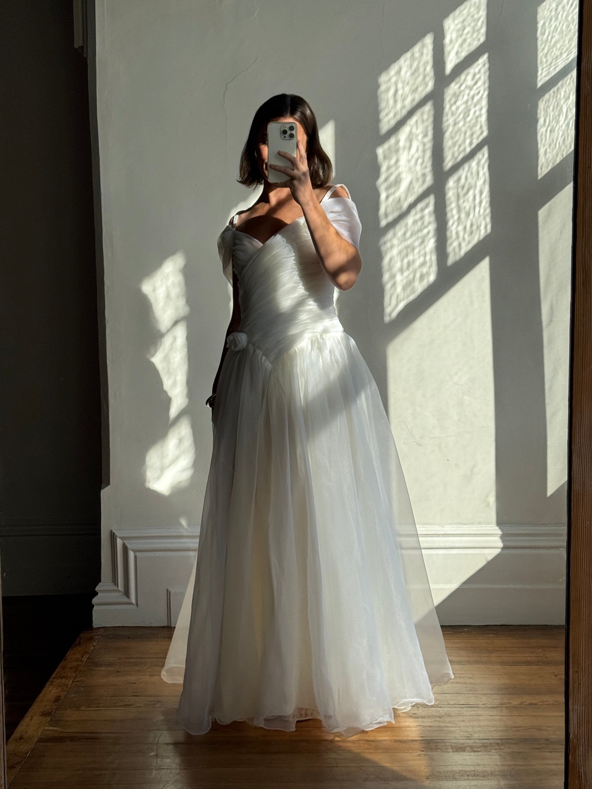 Vintage 80s Chiffon Rosette Off Shoulder Wedding Dress