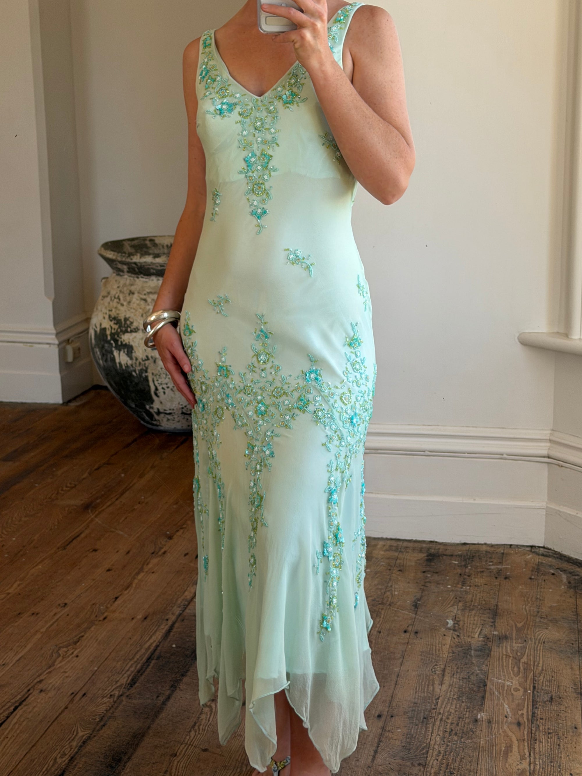 Vintage 90s Pure Silk Aquamarine Fairy Beaded Dress