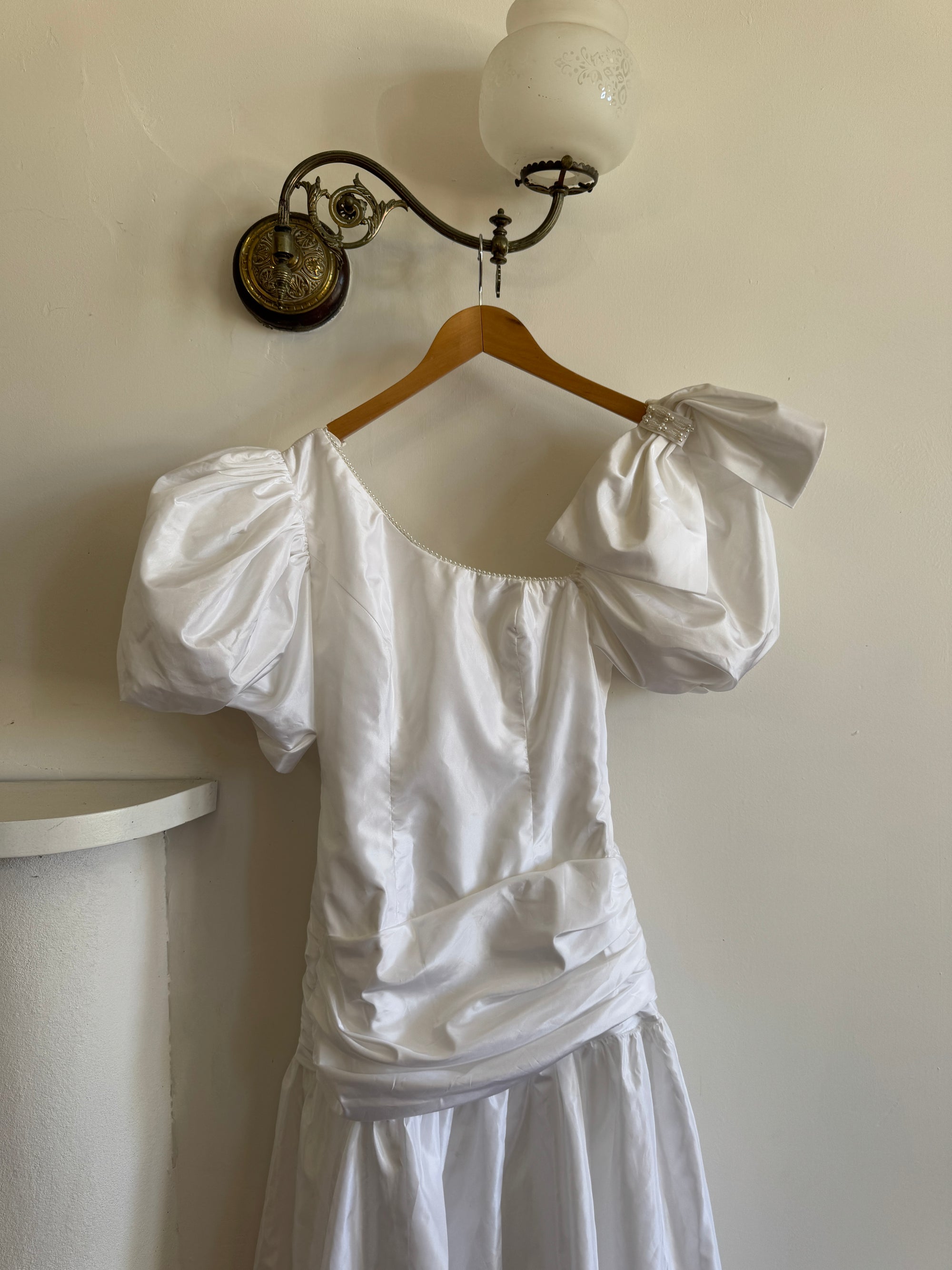Vintage 80s Asymmetrical Taffeta Drop Waist Wedding Dress
