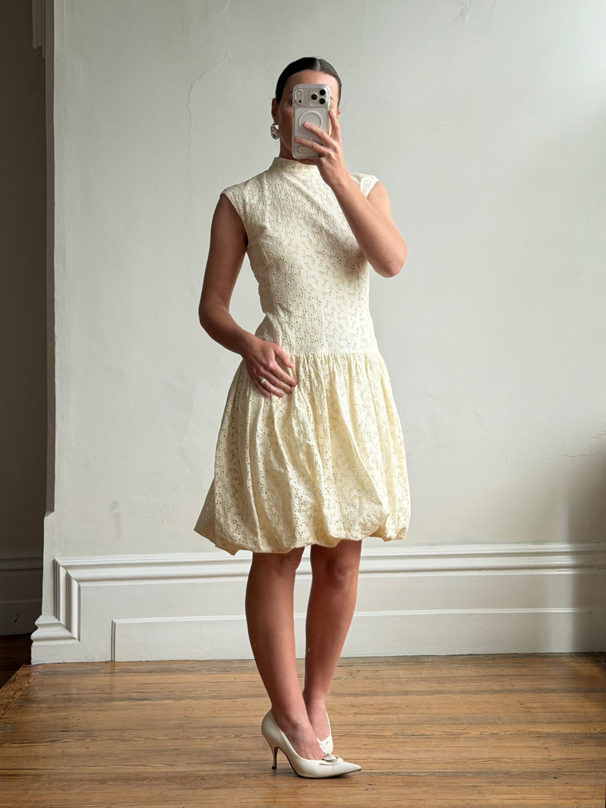 Vintage 90s Cream Broderie Anglaise Bubble Mini Dress