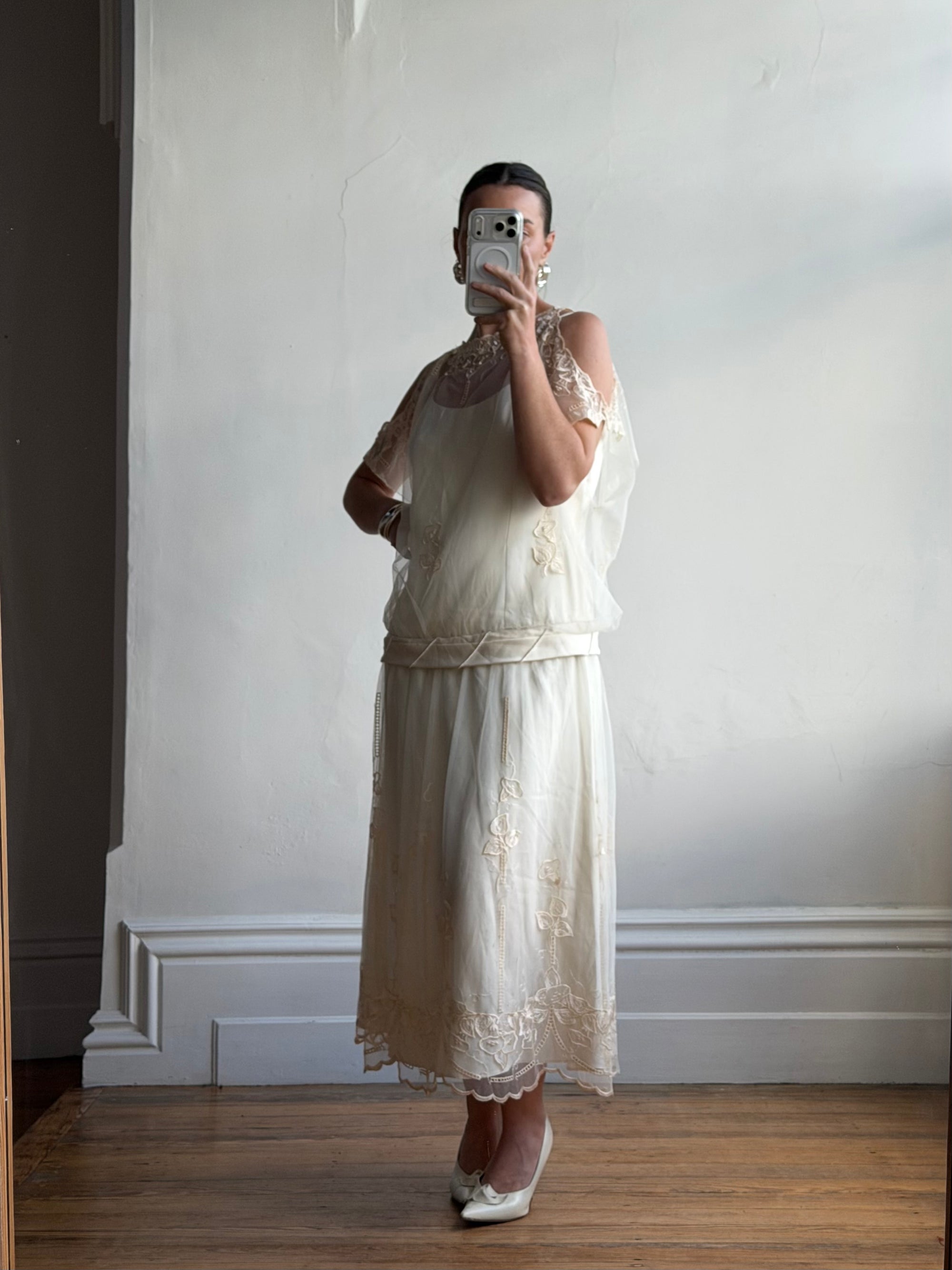 Vintage 80s Drop Waist Floral Sheer Midi Dress Creme