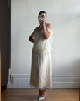 Vintage 80s Drop Waist Floral Sheer Midi Dress Creme