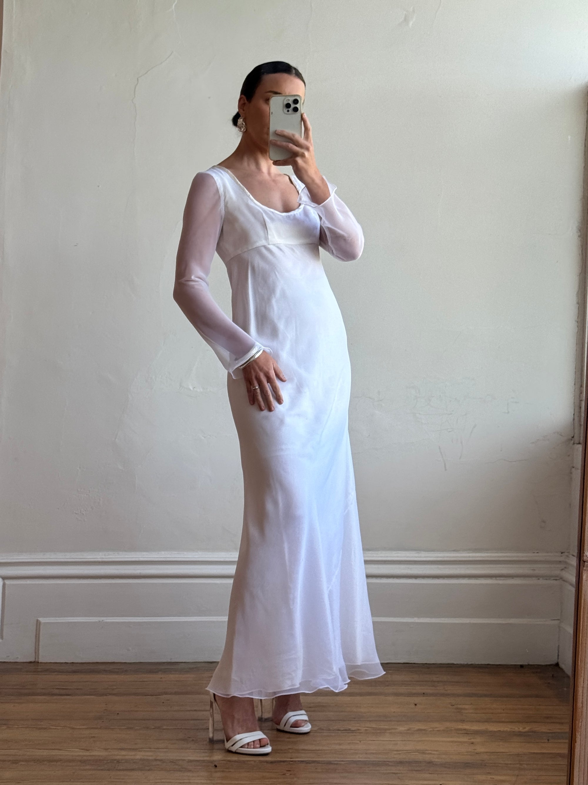 Vintage 90s Sheer Organza Long Sleeve Empire Bridal Dress