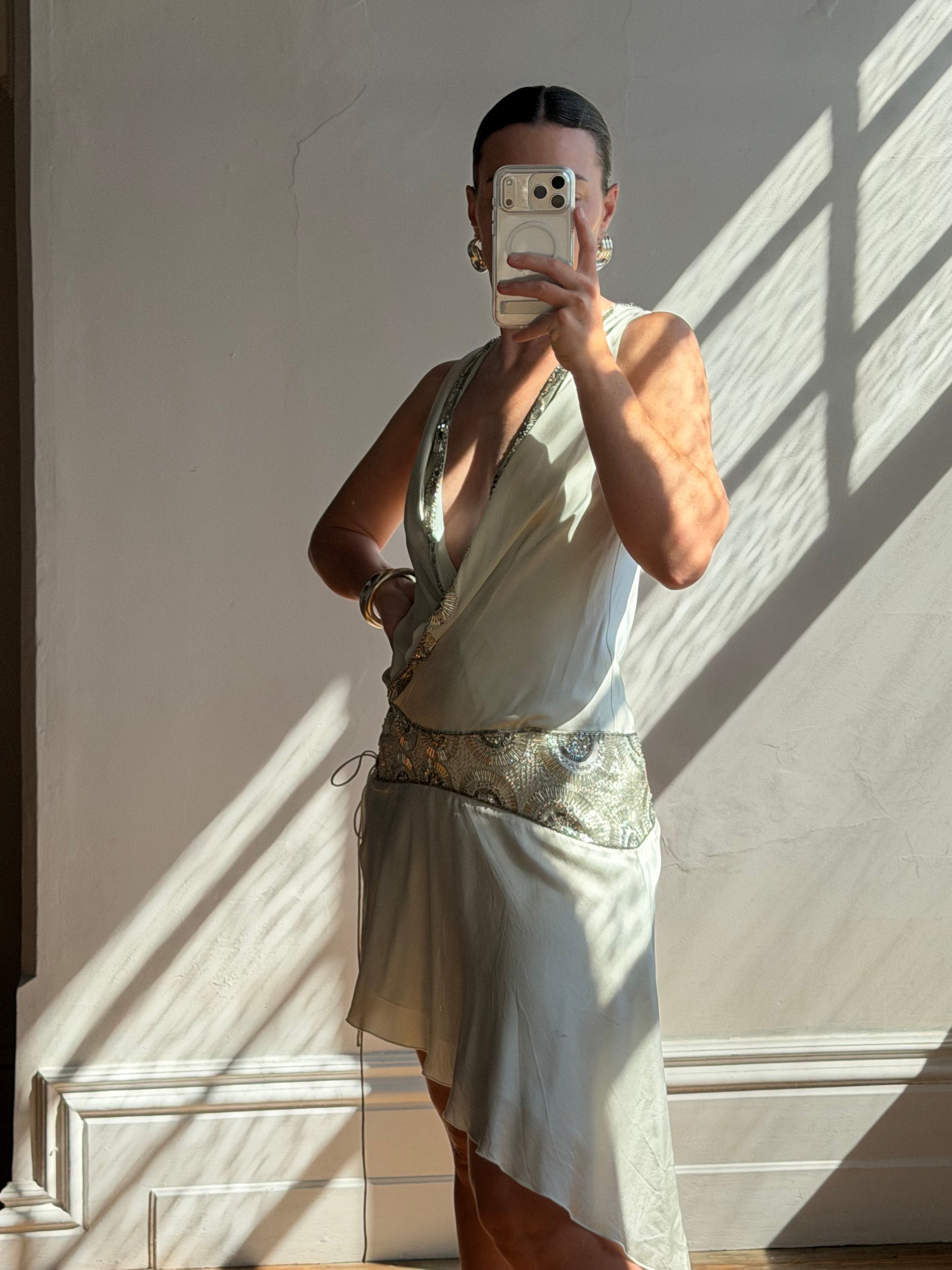 Vintage Y2K Pure Silk Drop Waist Beaded Mini Ice