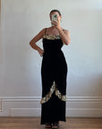 Vintage 40s Velvet Bias Strappy Dress with Lace Trim Noir