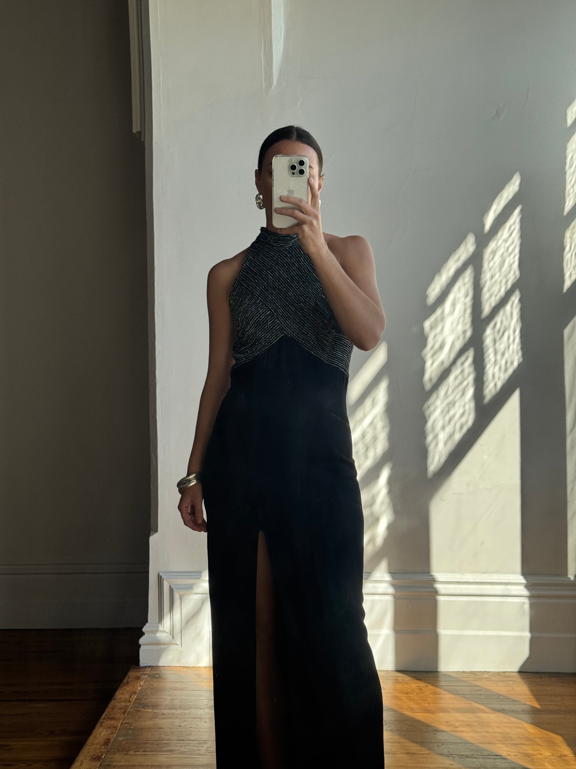 Vintage 70s High Neck Silver Lurex Evening Gown Noir