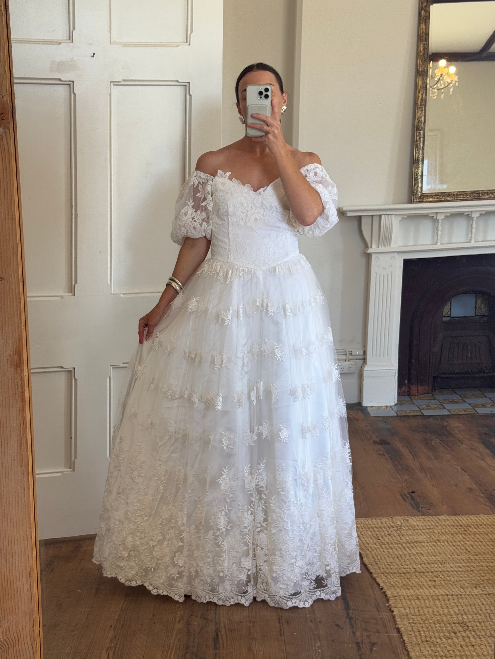 Vintage 80s Lace Off The Shoulder Tulle Wedding Gown