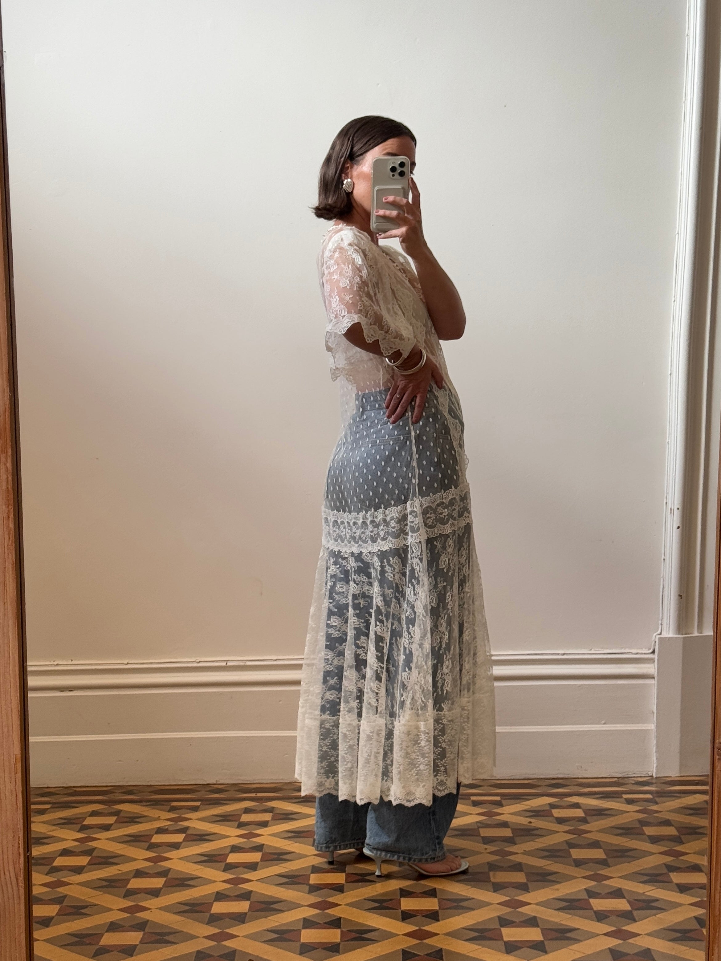 Vintage 70s Stretchy Sheer Lace Smock Dress Creme
