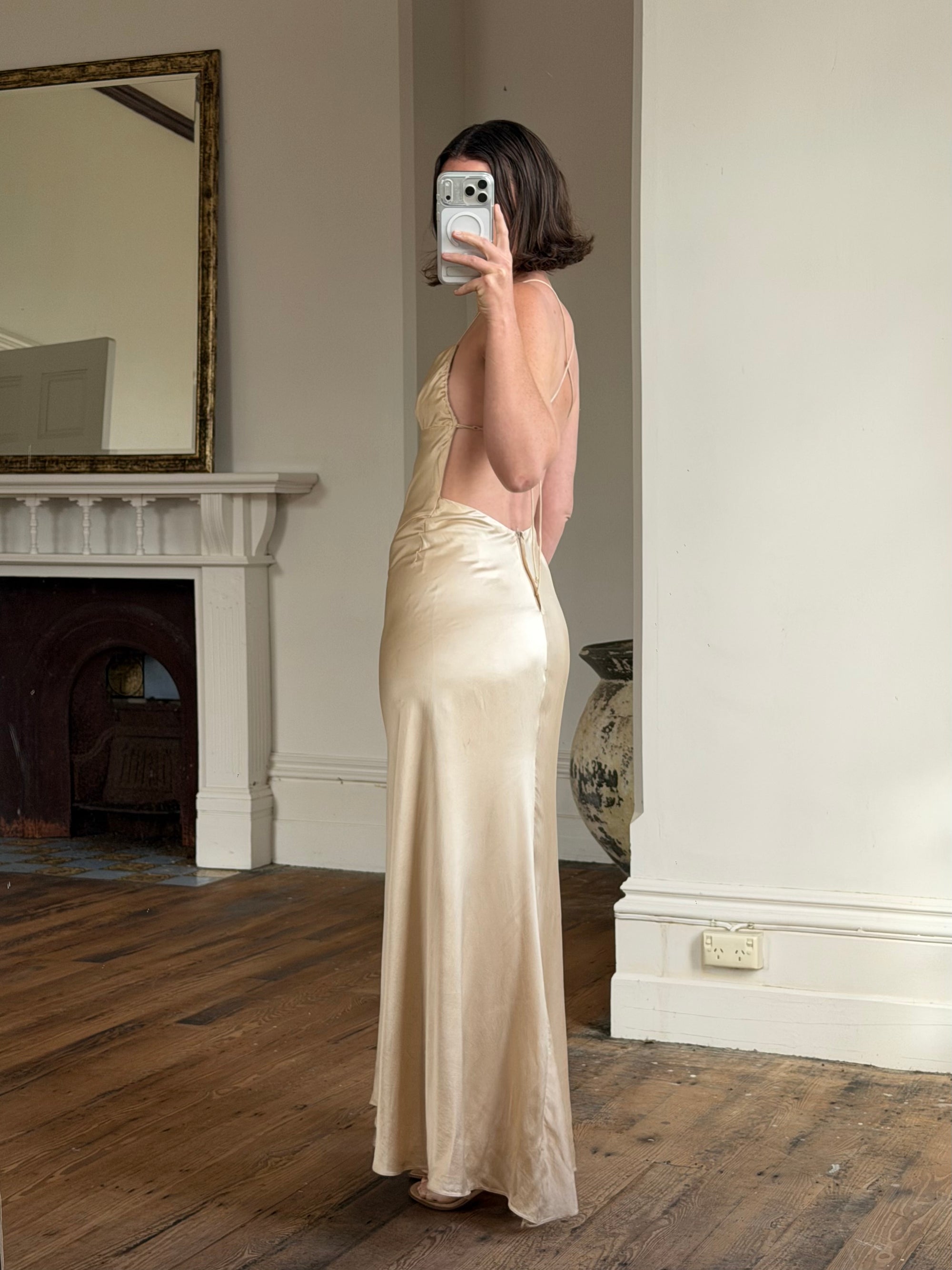 Vintage 90s Pure Silk Bias Cut Split Gown Champagne