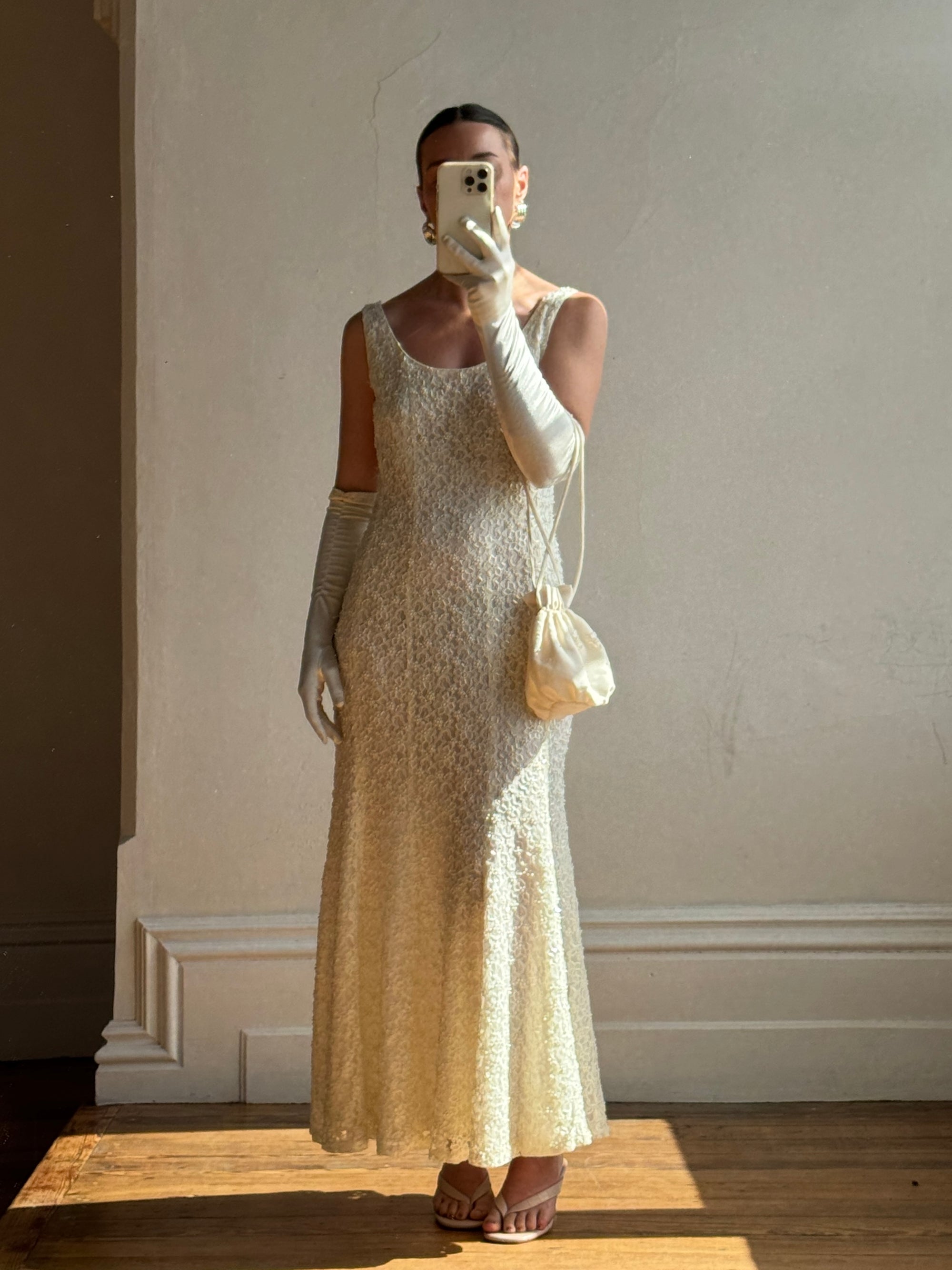 Vintage 90s Beaded Fluted Bridal Slip Set