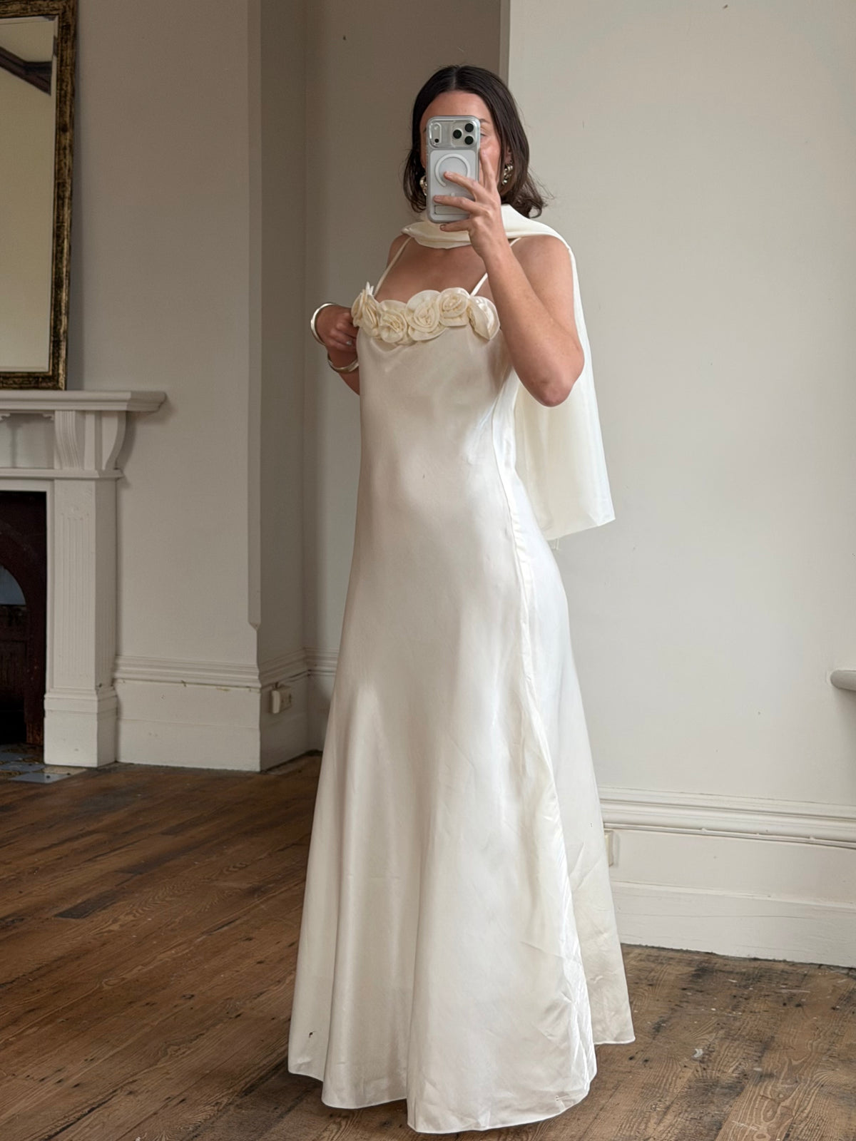 Vintage Y2K Rosette Bridal Slip Dress Champagne Satin