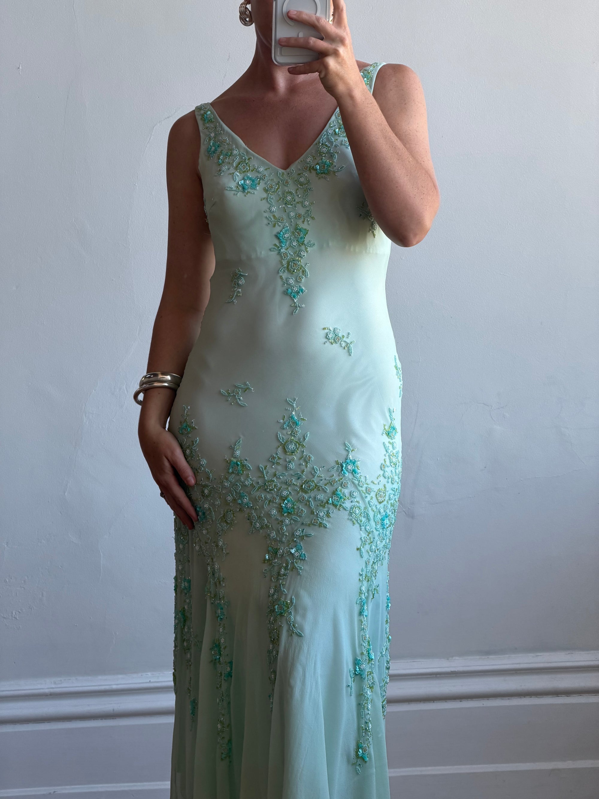 Vintage 90s Pure Silk Aquamarine Fairy Beaded Dress