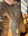 Vintage 90s Pure Silk Satin Baroque Scoop Neck Wedding Gown and Veil