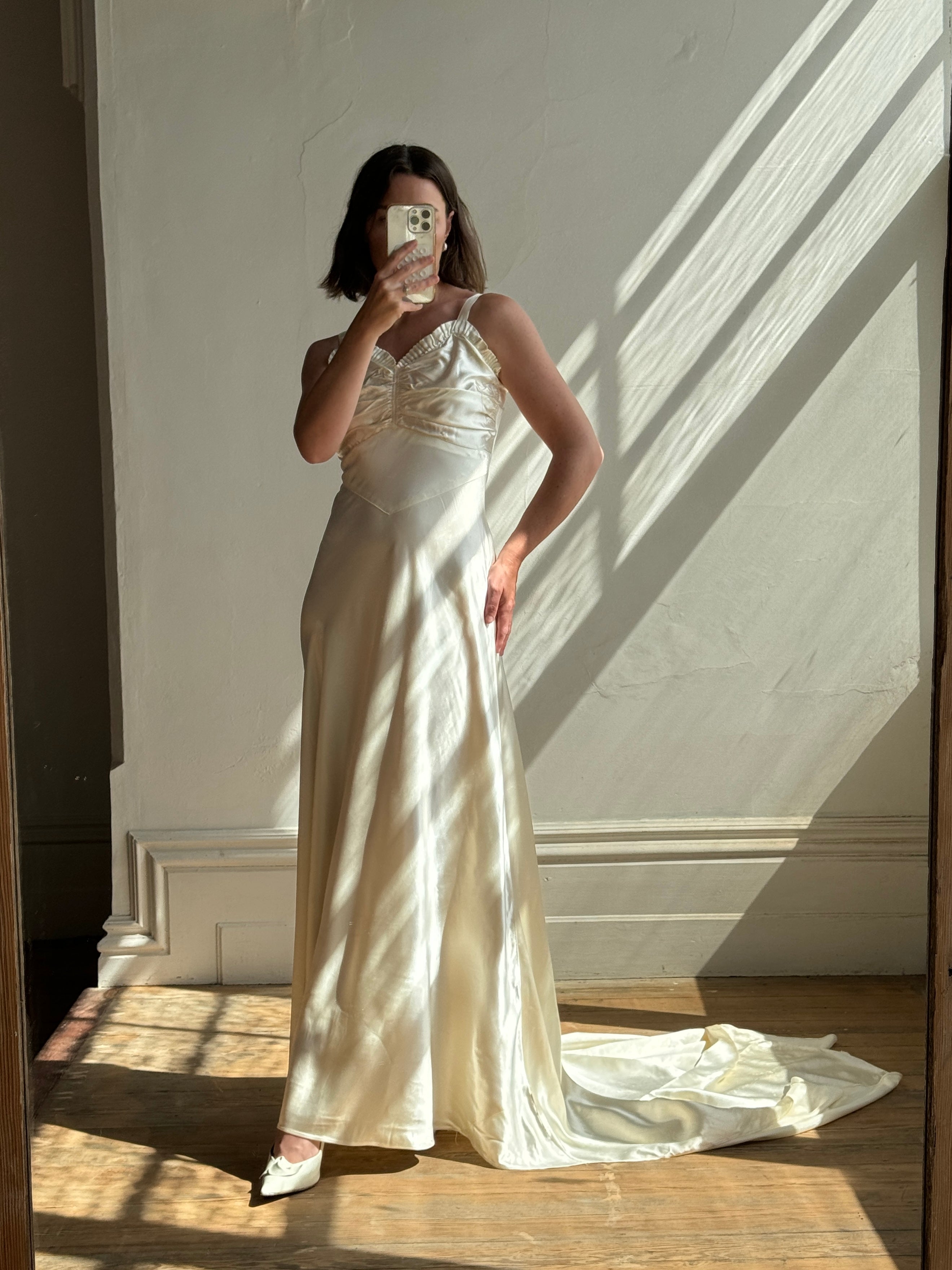 Vintage 30s Creme Liquid Satin Dress with Train and Jacket