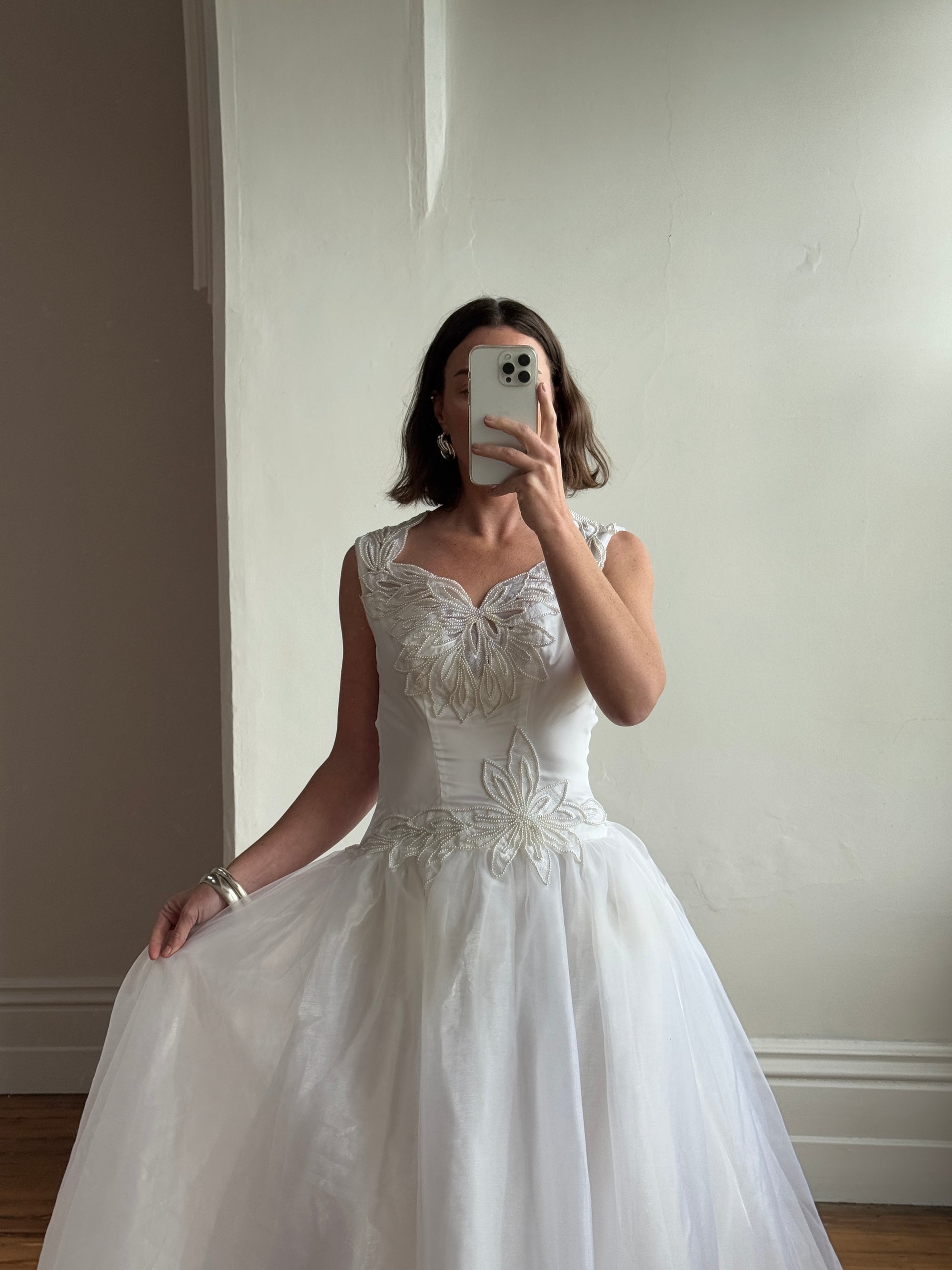 Vintage 80s Pearl Embellished Chiffon Princess Wedding Dress