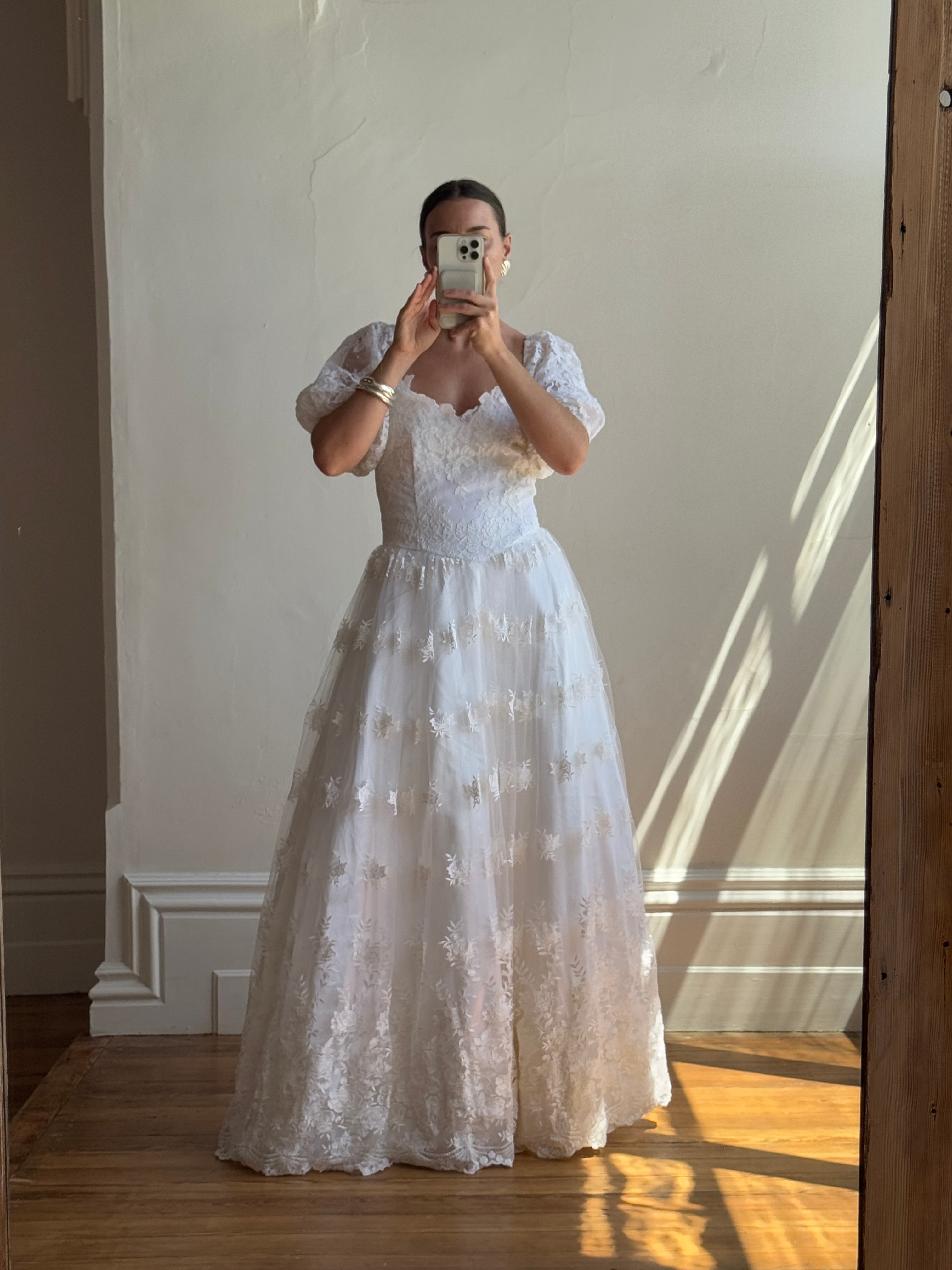 Vintage 80s Lace Off The Shoulder Tulle Wedding Gown
