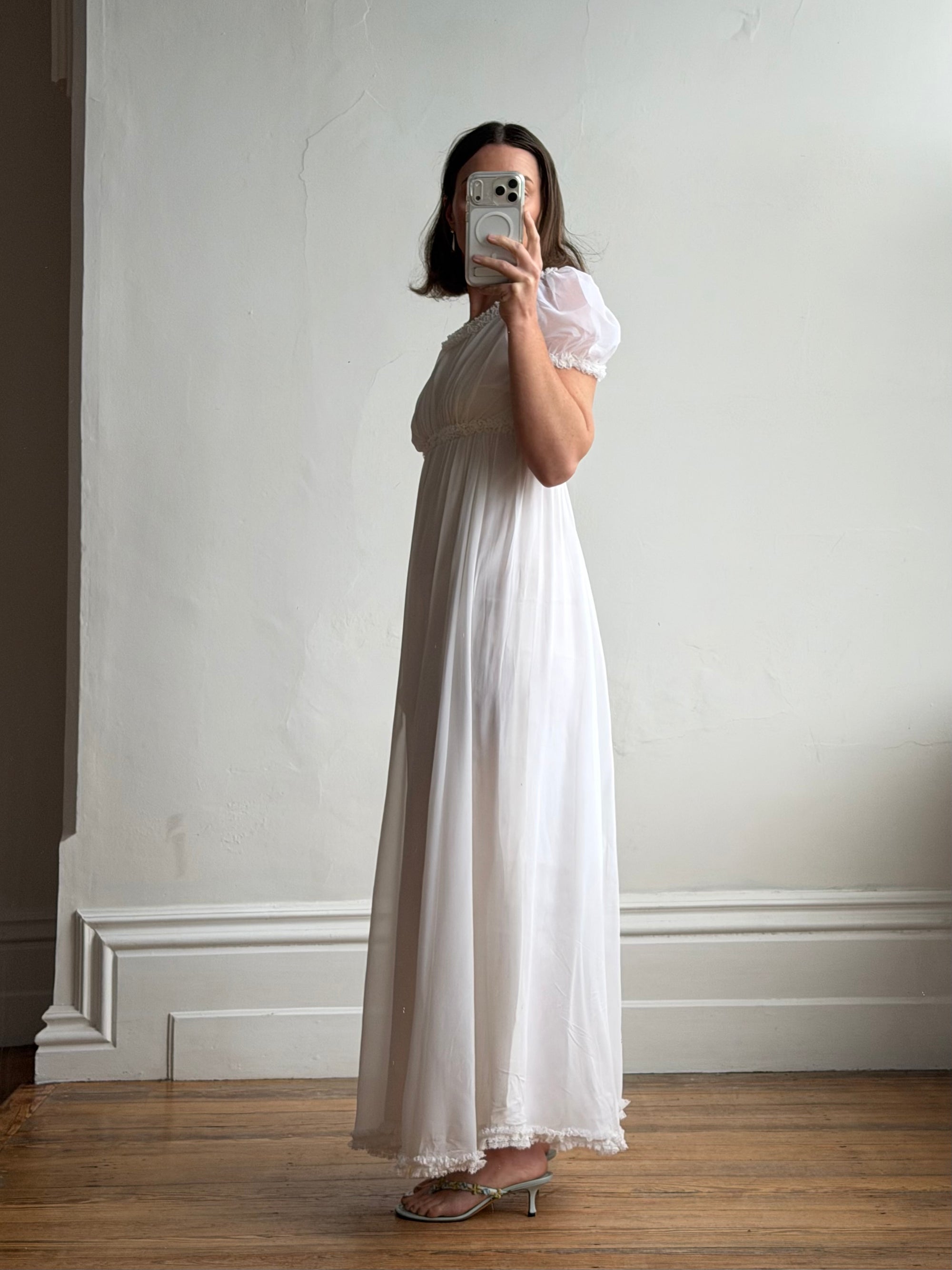 Vintage 70s White Chiffon Smocked Puff Sleeve Wedding Dress
