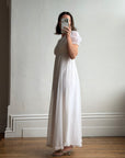 Vintage 70s White Chiffon Smocked Puff Sleeve Wedding Dress