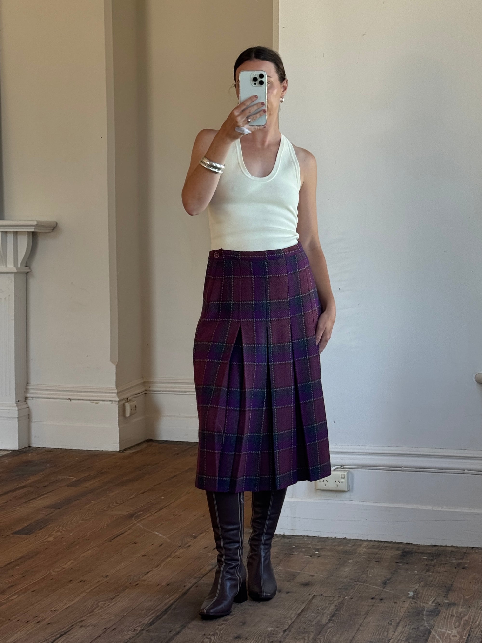 Vintage Wool Blend Plaid Pleated Skirt Plum