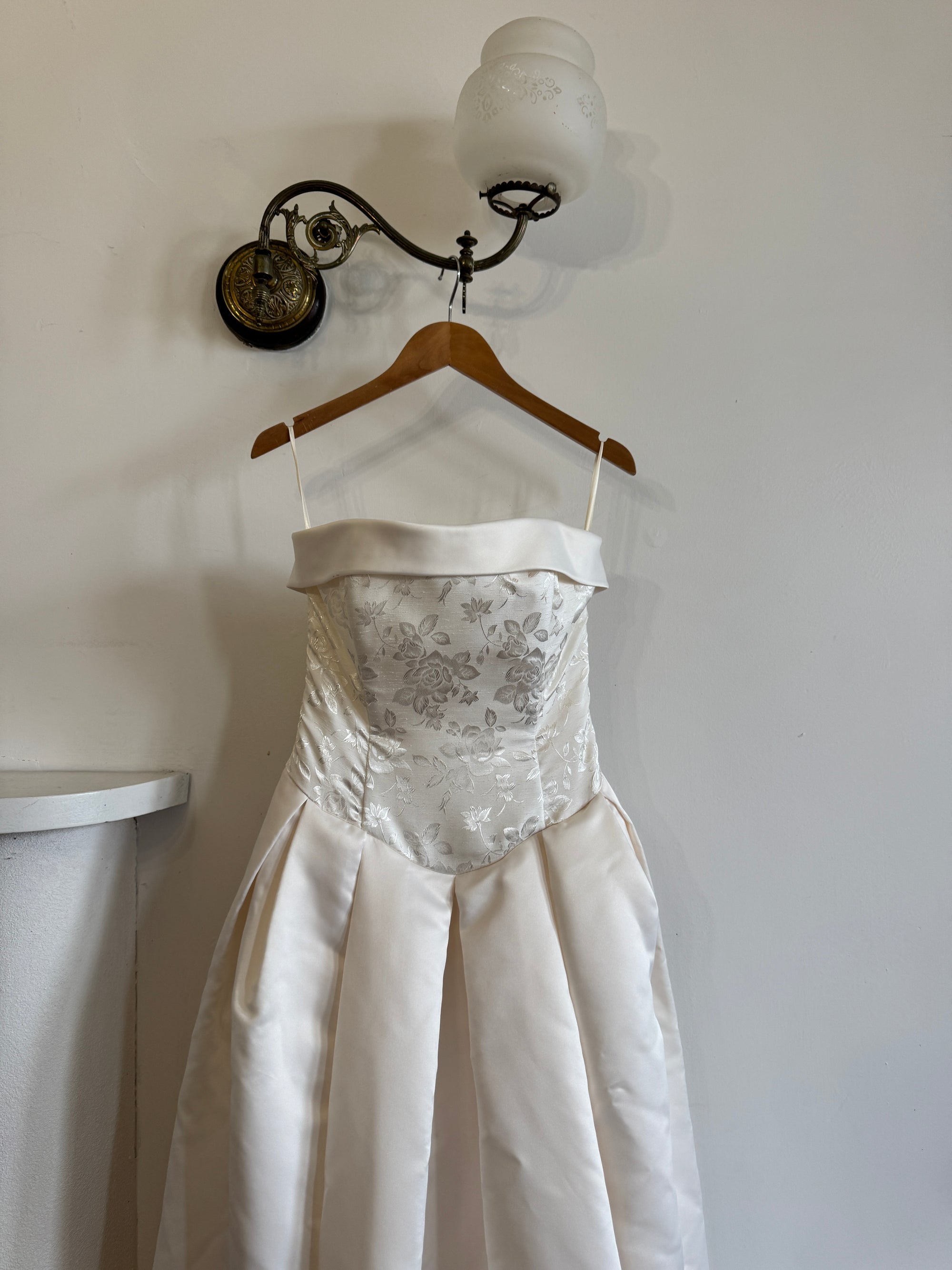 Vintage 90s Strapless Jacquard Satin Princess Wedding Dress