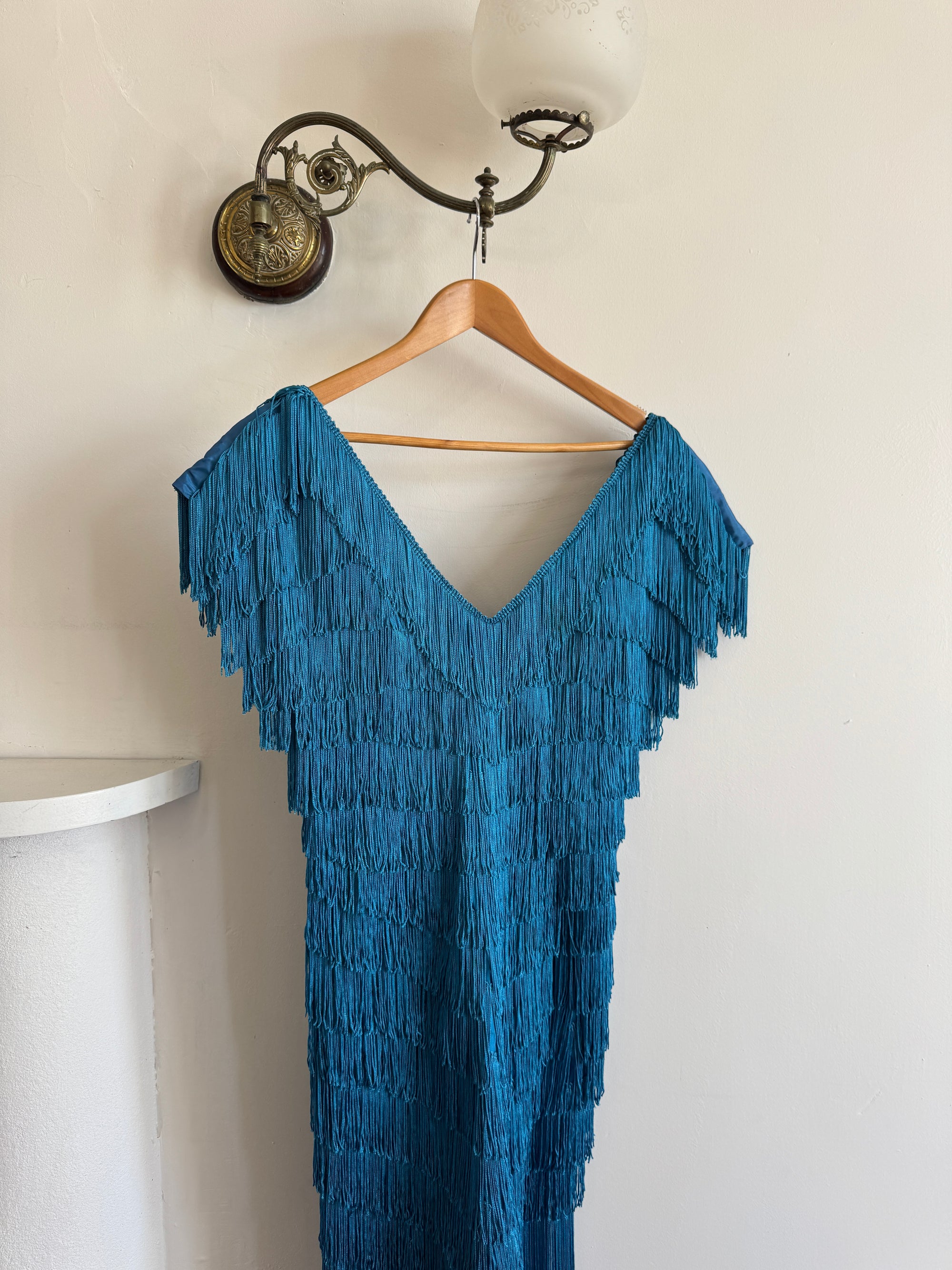 Vintage 80s Fringe Party Dress Ocean Blue