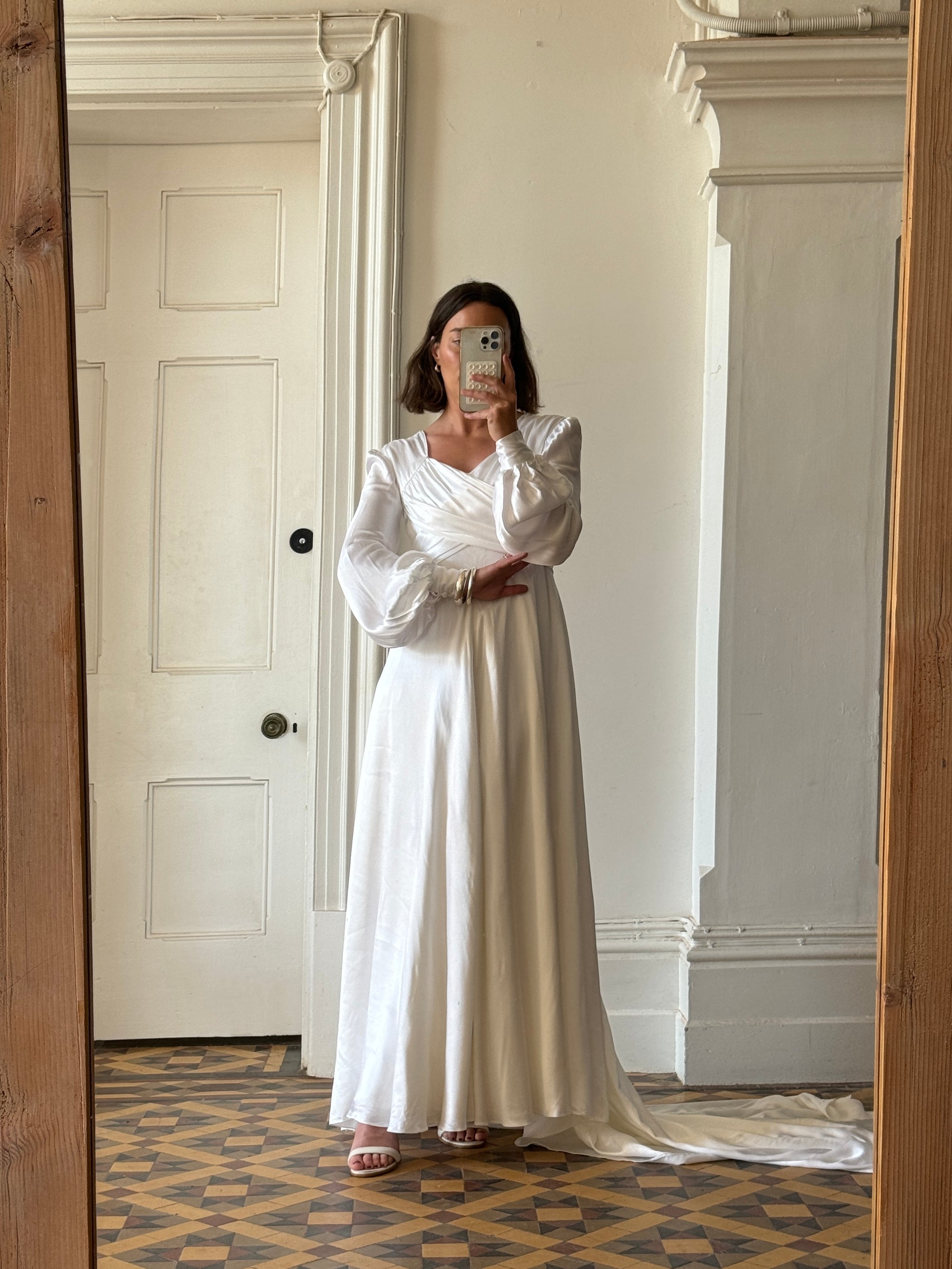 Vintage 60s Ivory Satin Draped Wedding Dress With Train