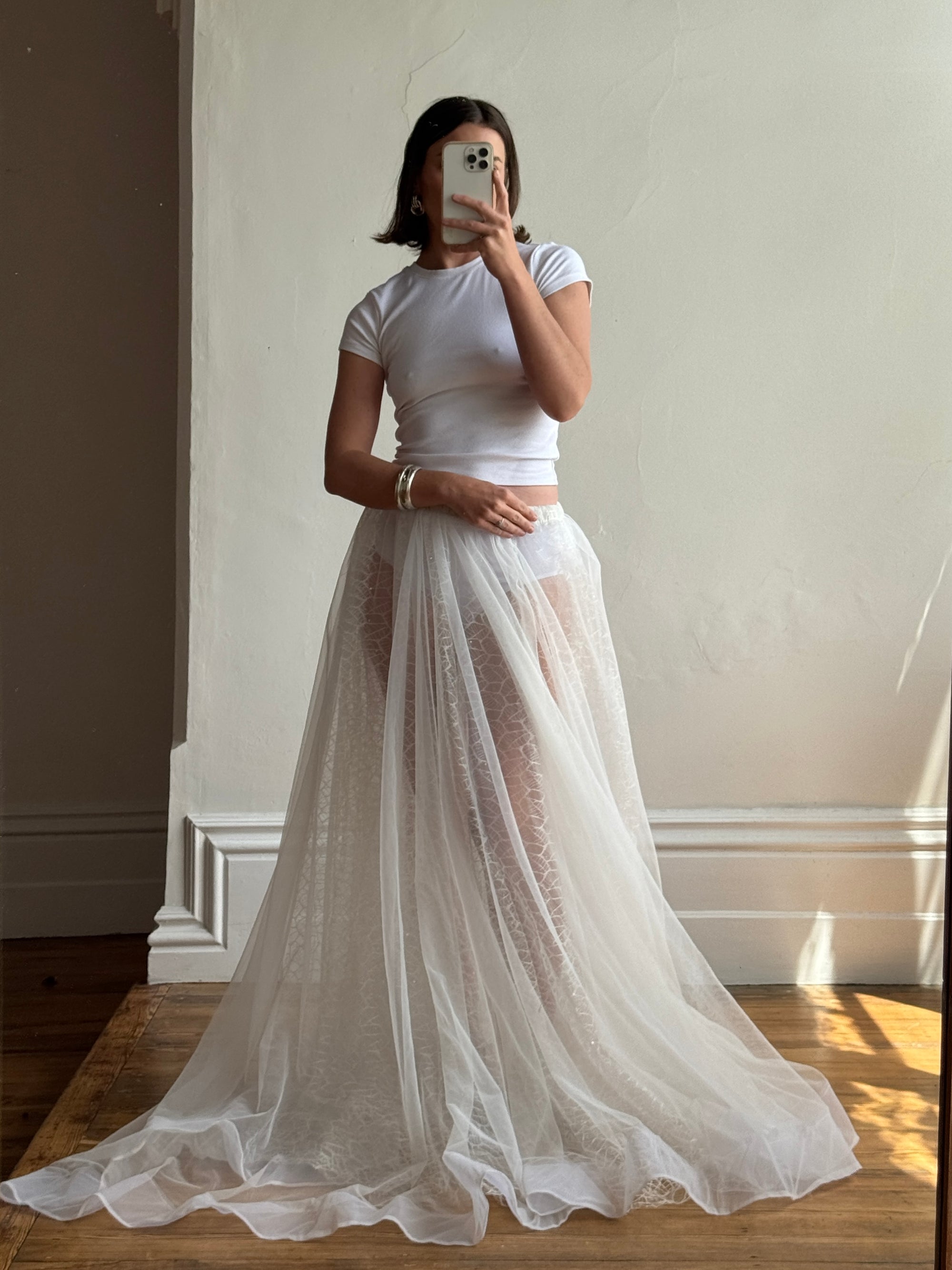 Vintage 80s Sheer Organza Webbed Lace Bridal Skirt