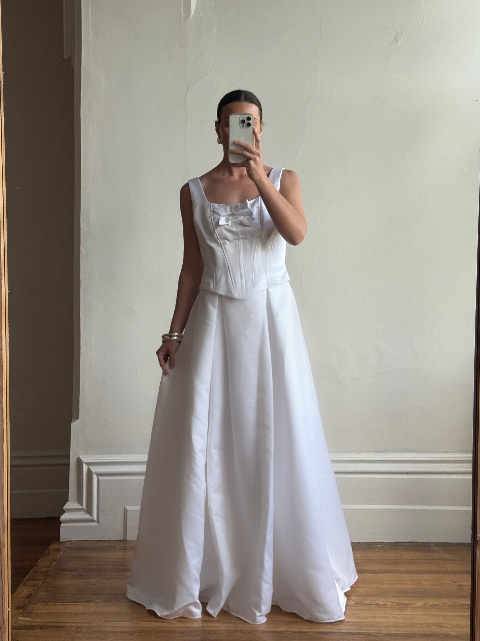 Vintage 90s White Satin Double Bow Two Piece Wedding Gown