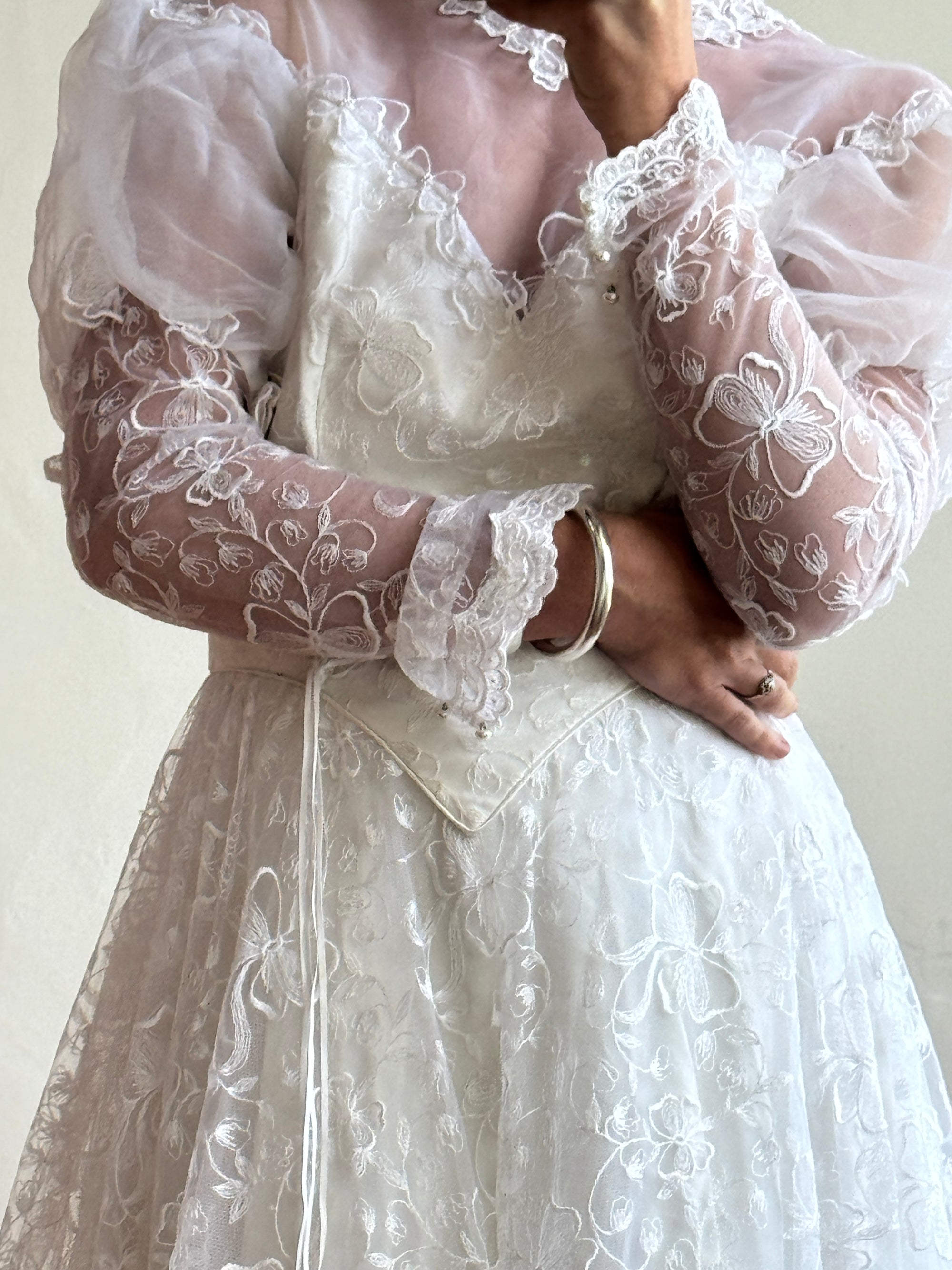 Vintage 70s Puff Sleeve Organza Ruffle Wedding Gown