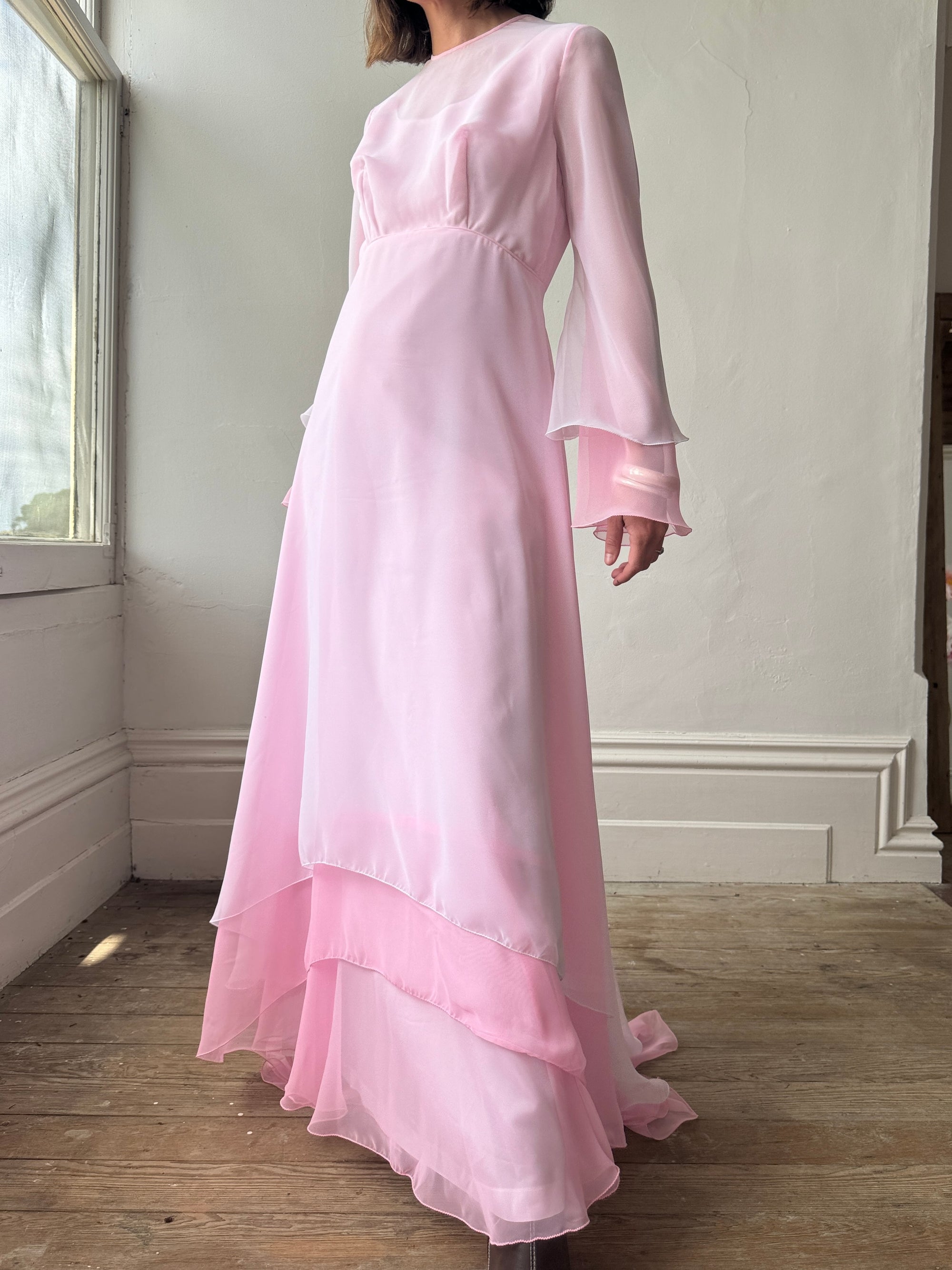 Vintage 70s Pink Tiered Waterfall Gown – Call Me The Breeze Vintage 70s Pink Tiered Waterfall Gown – Call Me The Breeze