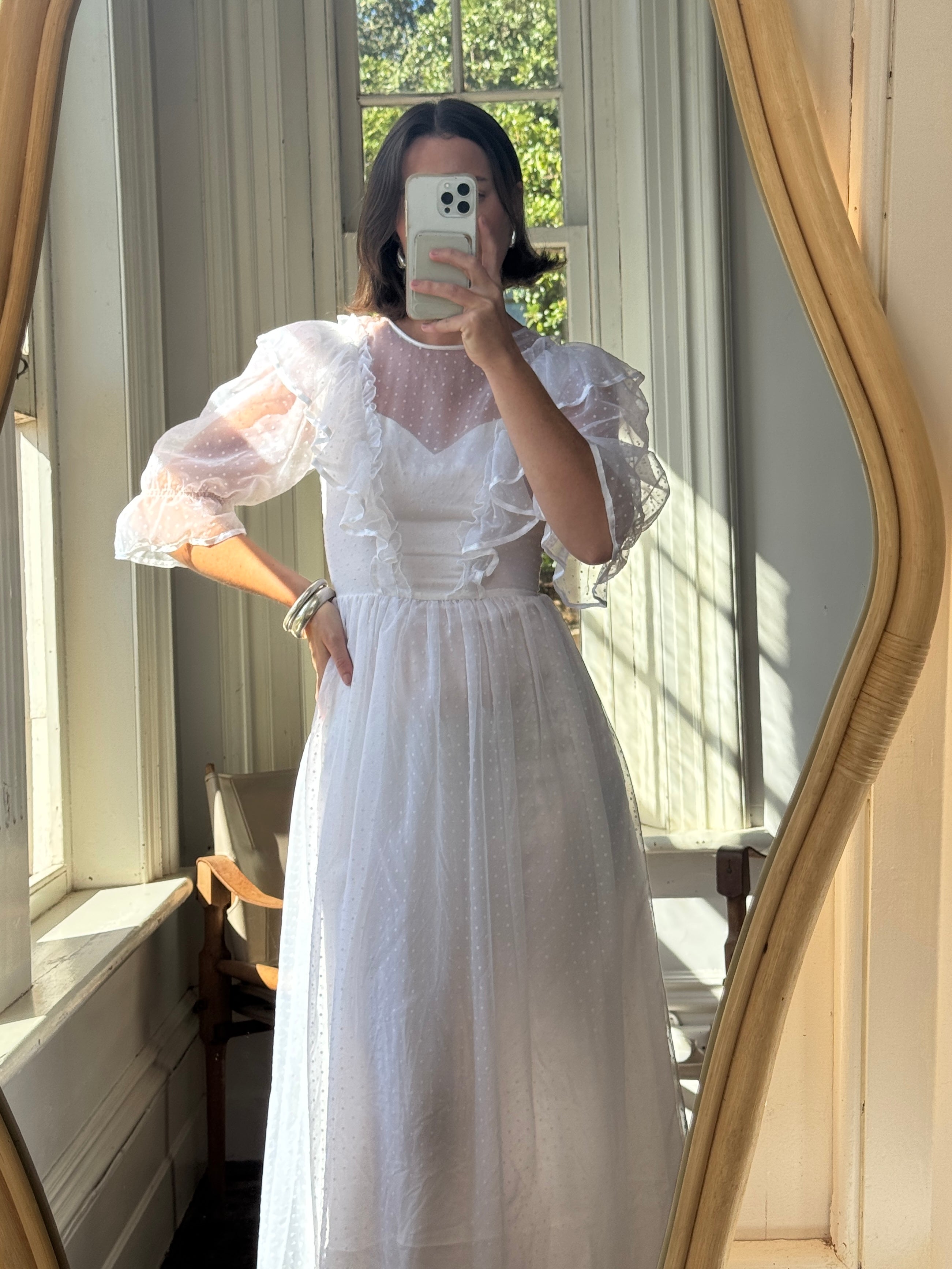 Vintage 70s Polka Chiffon Frill Wedding Dress