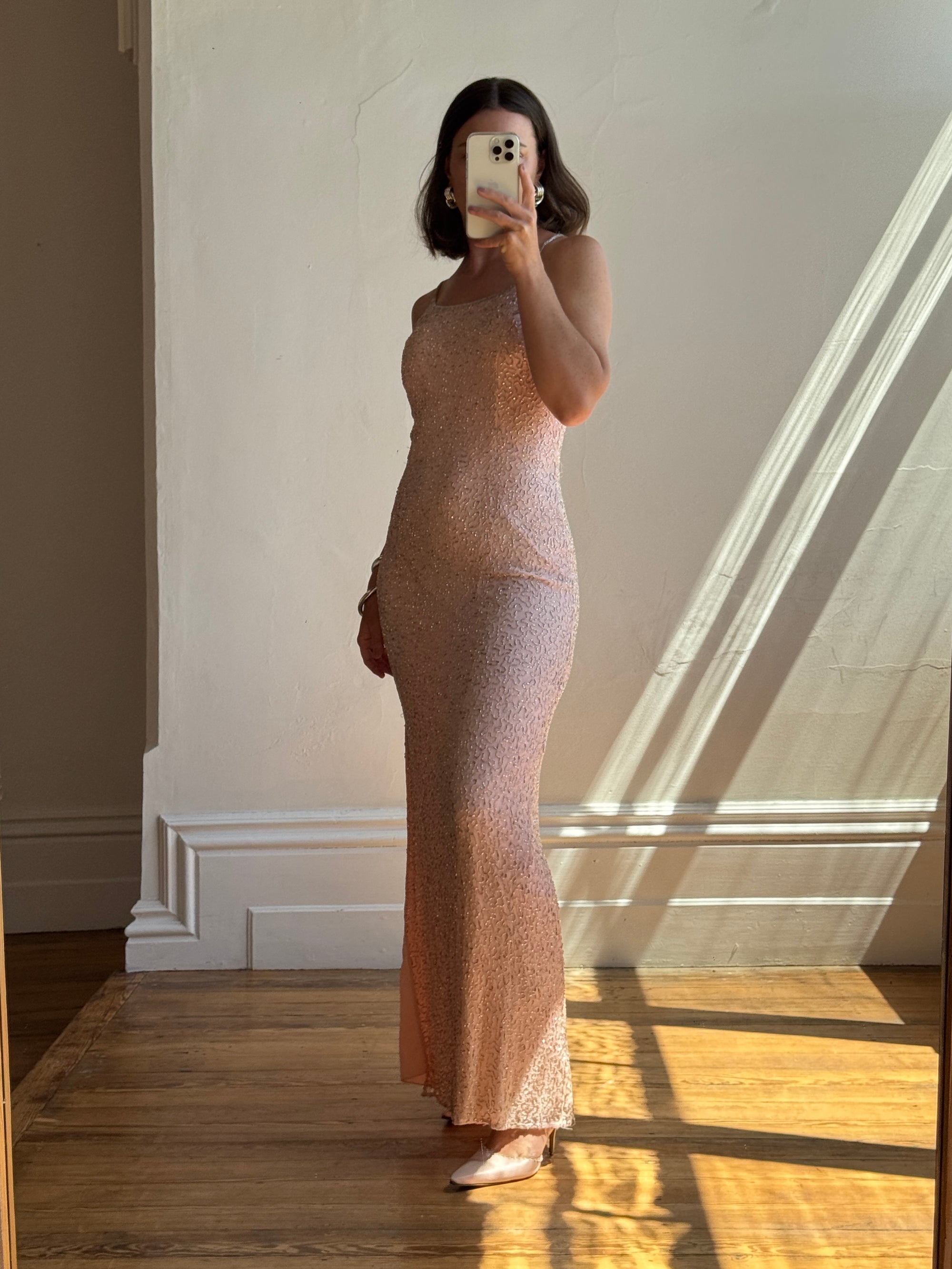 Vintage 90s Beaded Silk Party Dress Blush