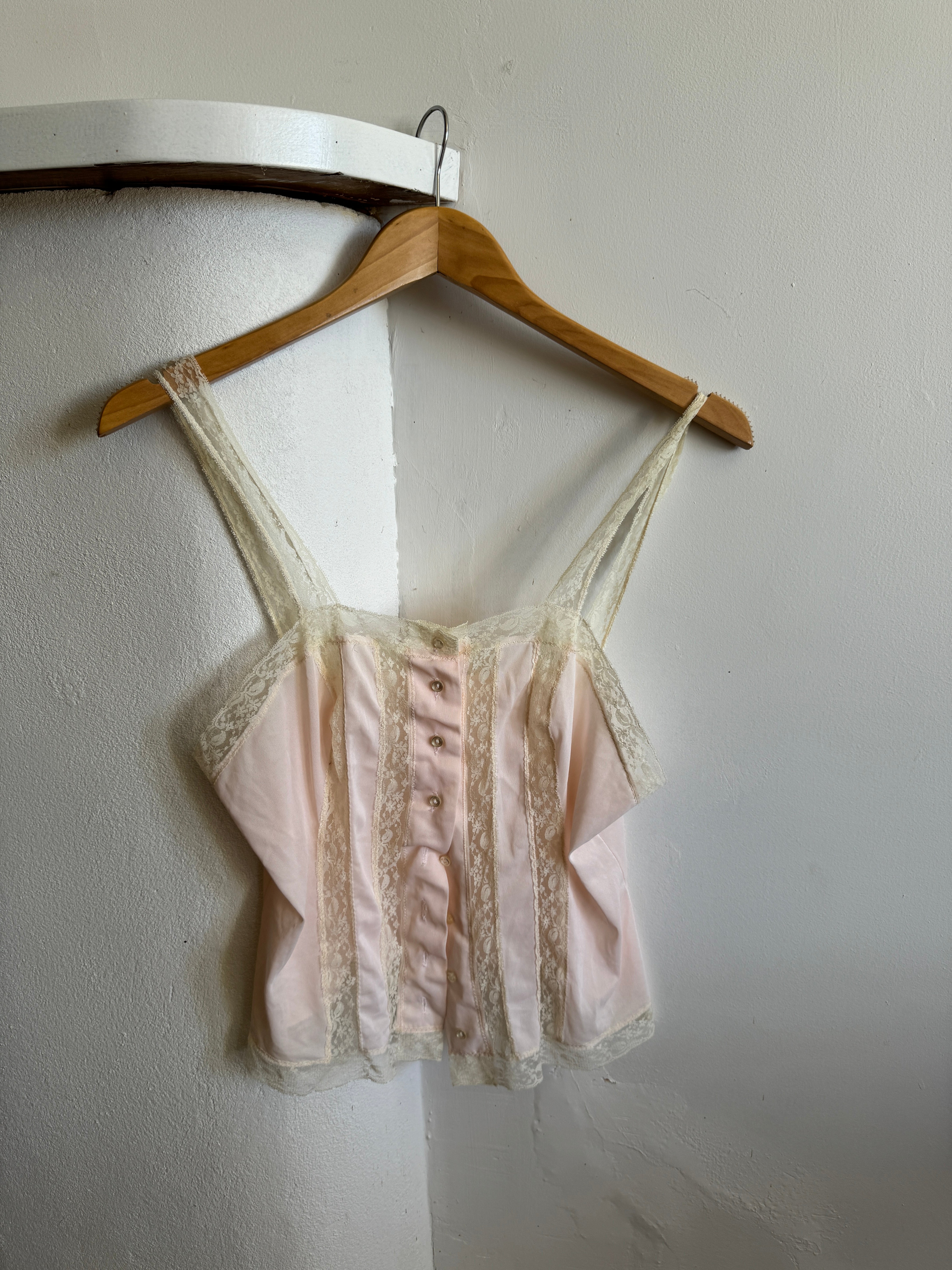 Vintage Button Up Lace Panelled Cami Pink and Creme
