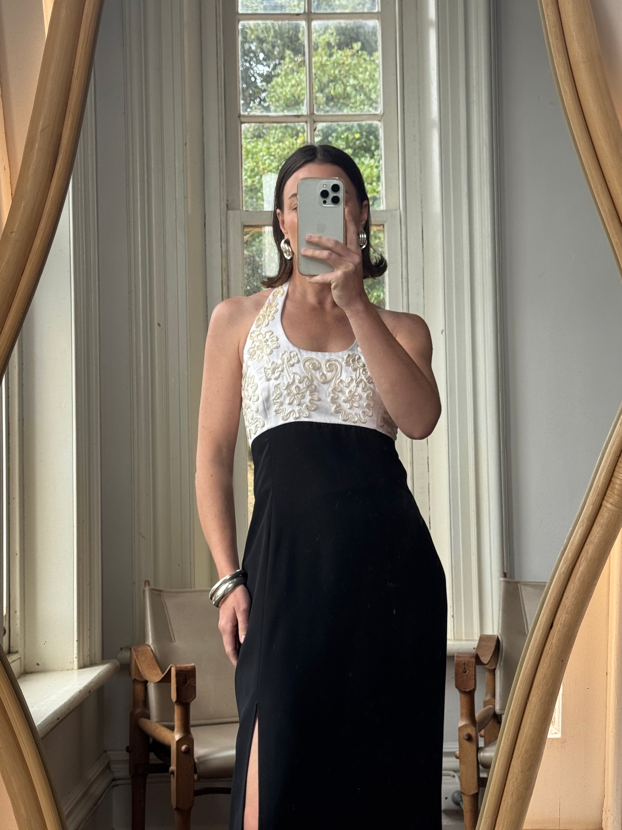 Vintage 90s Halter Crepe Contrast Rope Embroidery Midi Dress