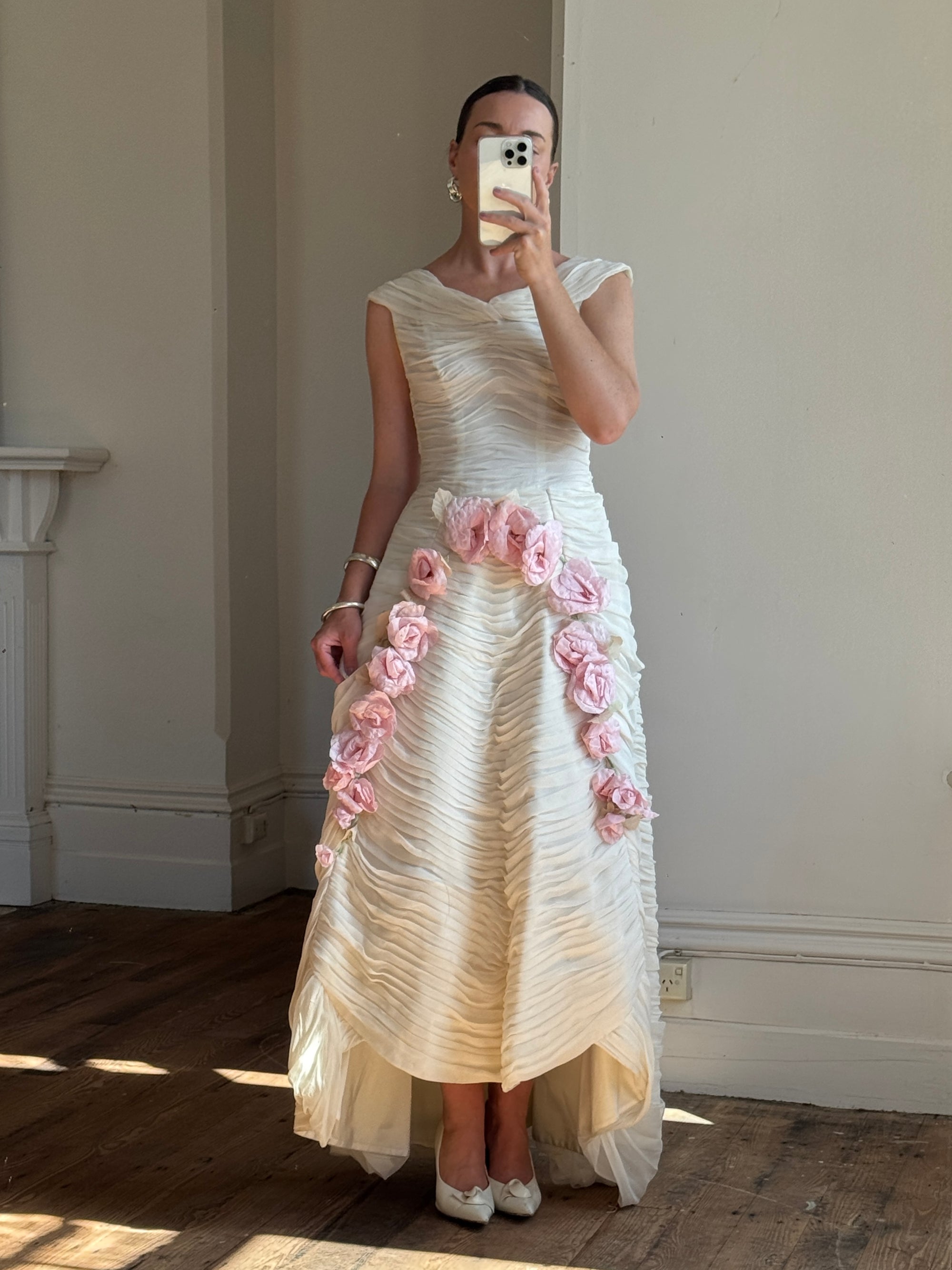 Vintage 60s Silk Pleated Wedding Gown with Pink Flowers