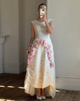 Vintage 60s Silk Pleated Wedding Gown with Pink Flowers