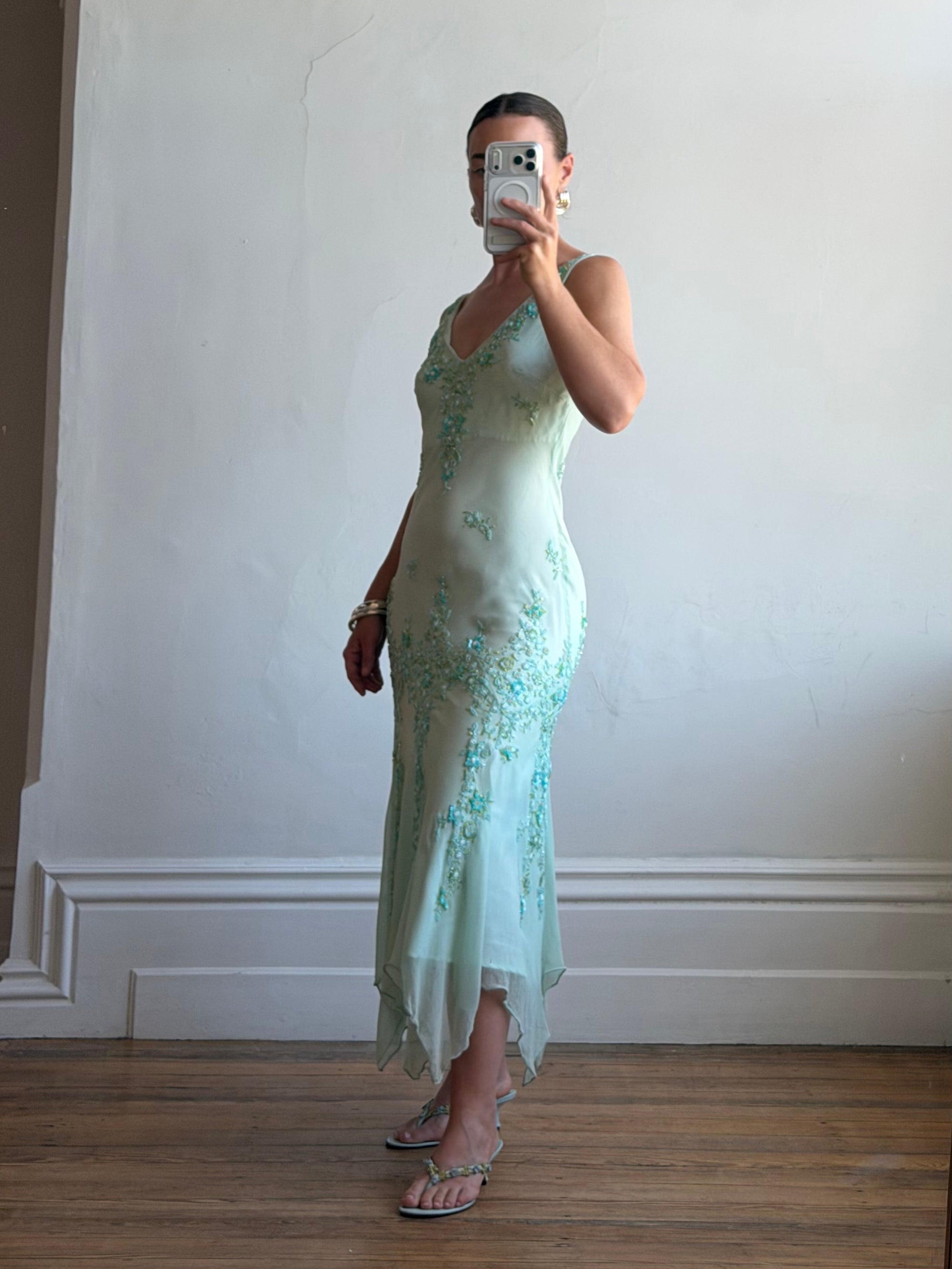 Vintage 90s Pure Silk Aquamarine Fairy Beaded Dress