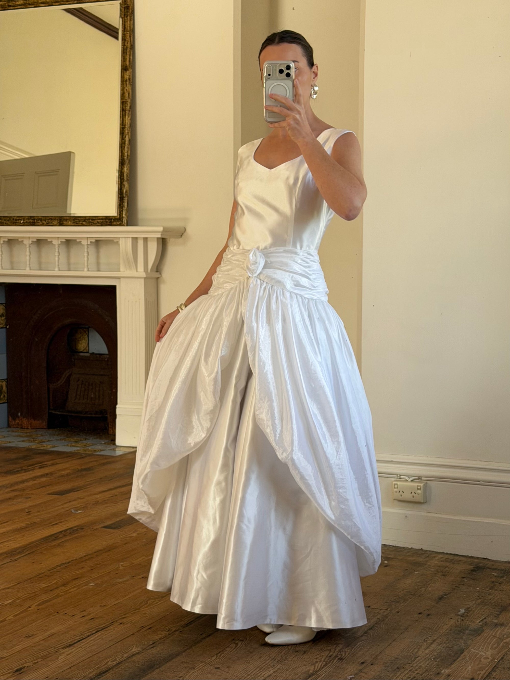 Vintage 90s Strappy Wedding Dress With Rosette Cape Pearl