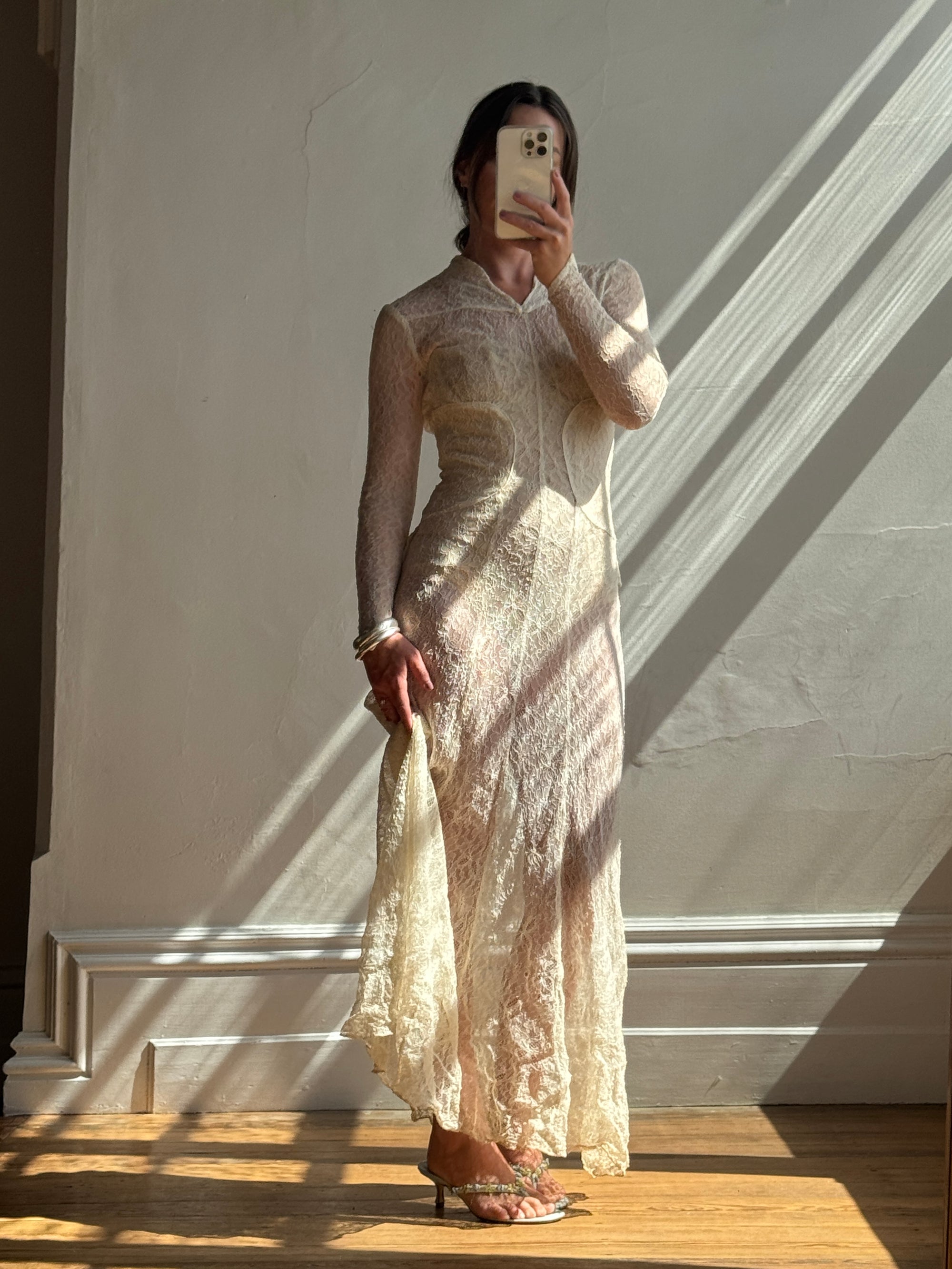Vintage 20s Sheer Lace Bias Cut Wedding Gown