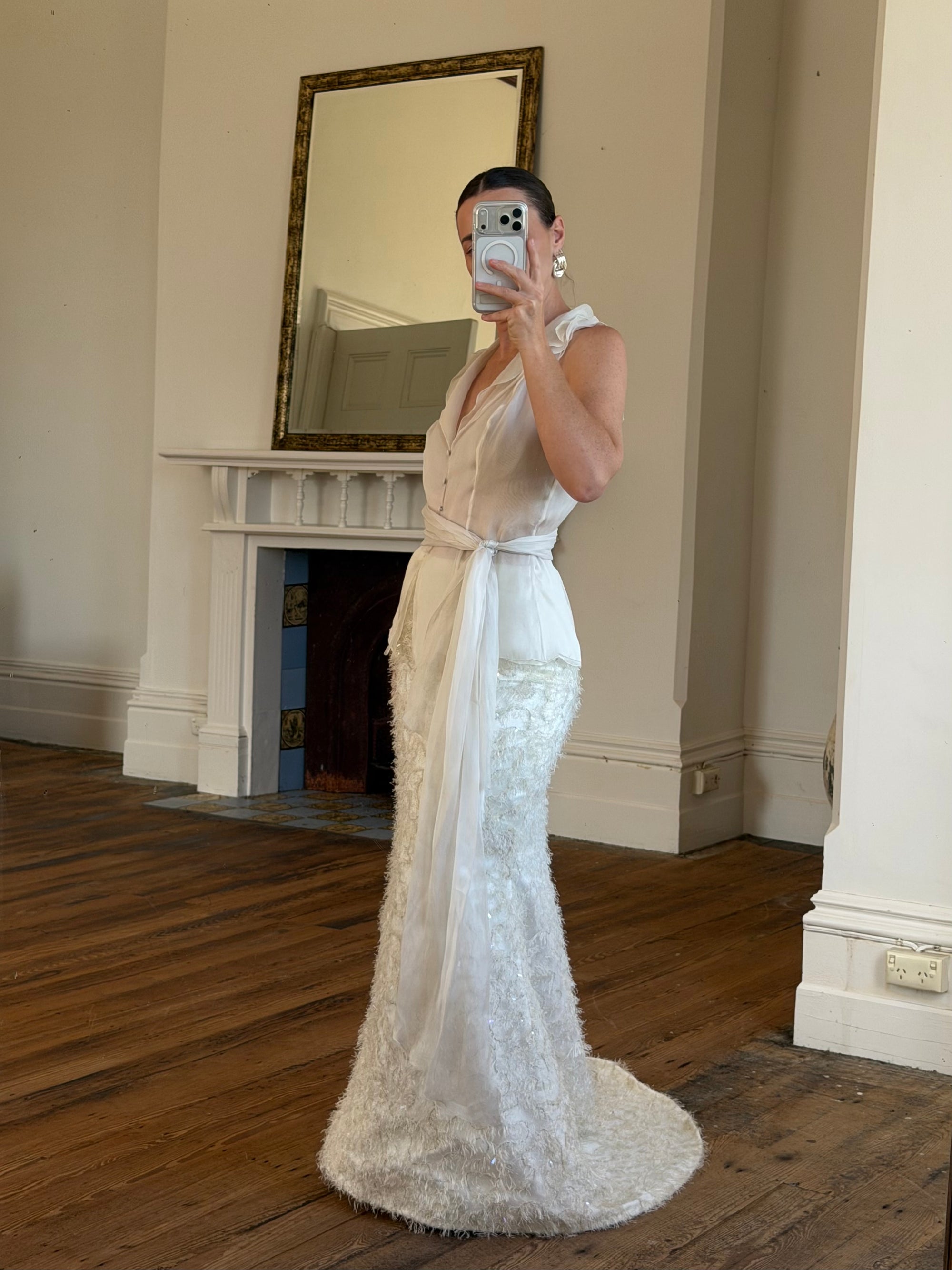 Vintage 90s Italian Organza Tie Top and Feather Skirt Bridal Set