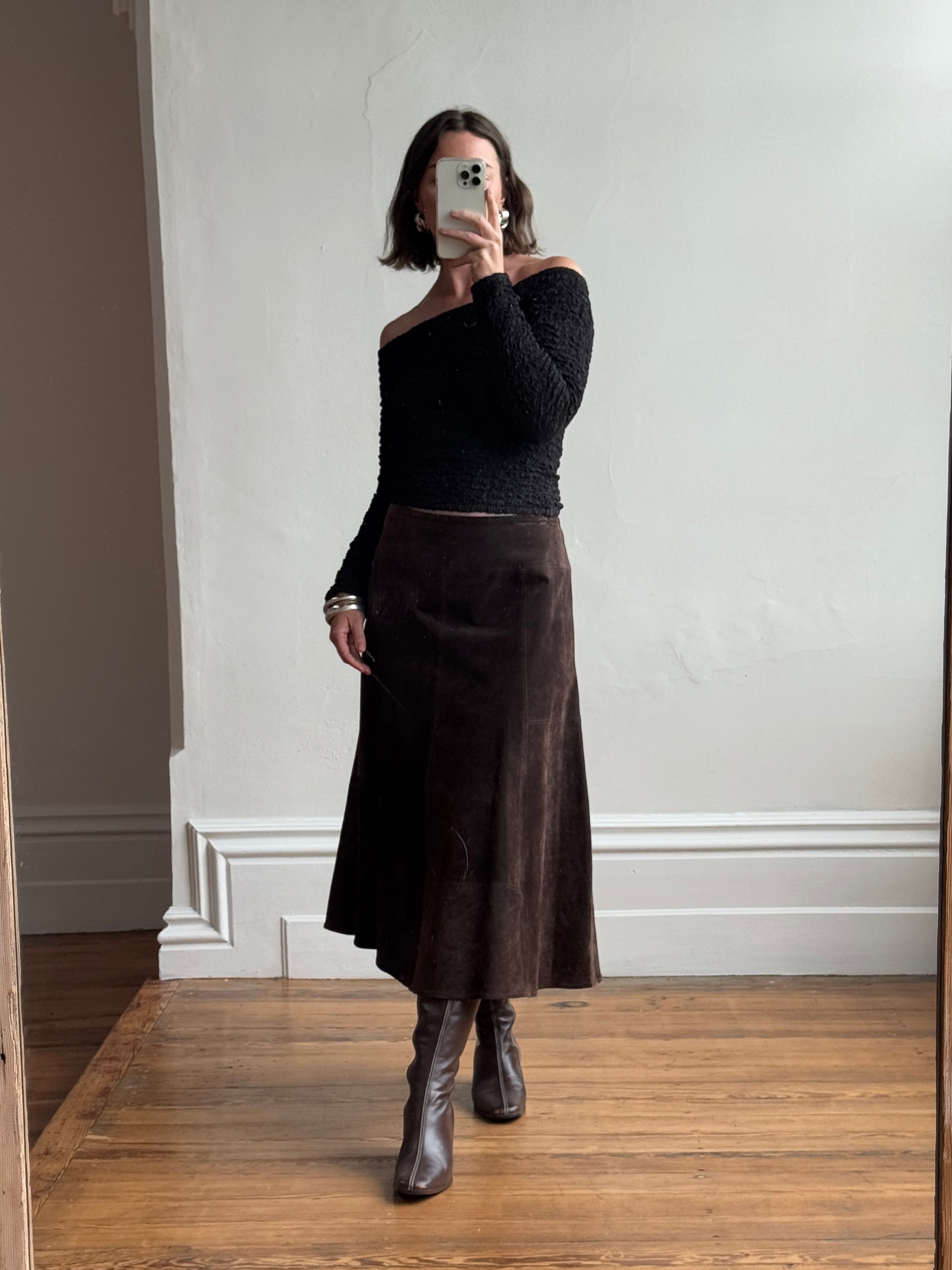 Vintage 90s Chocolate Patchwork Suede Leather Skirt