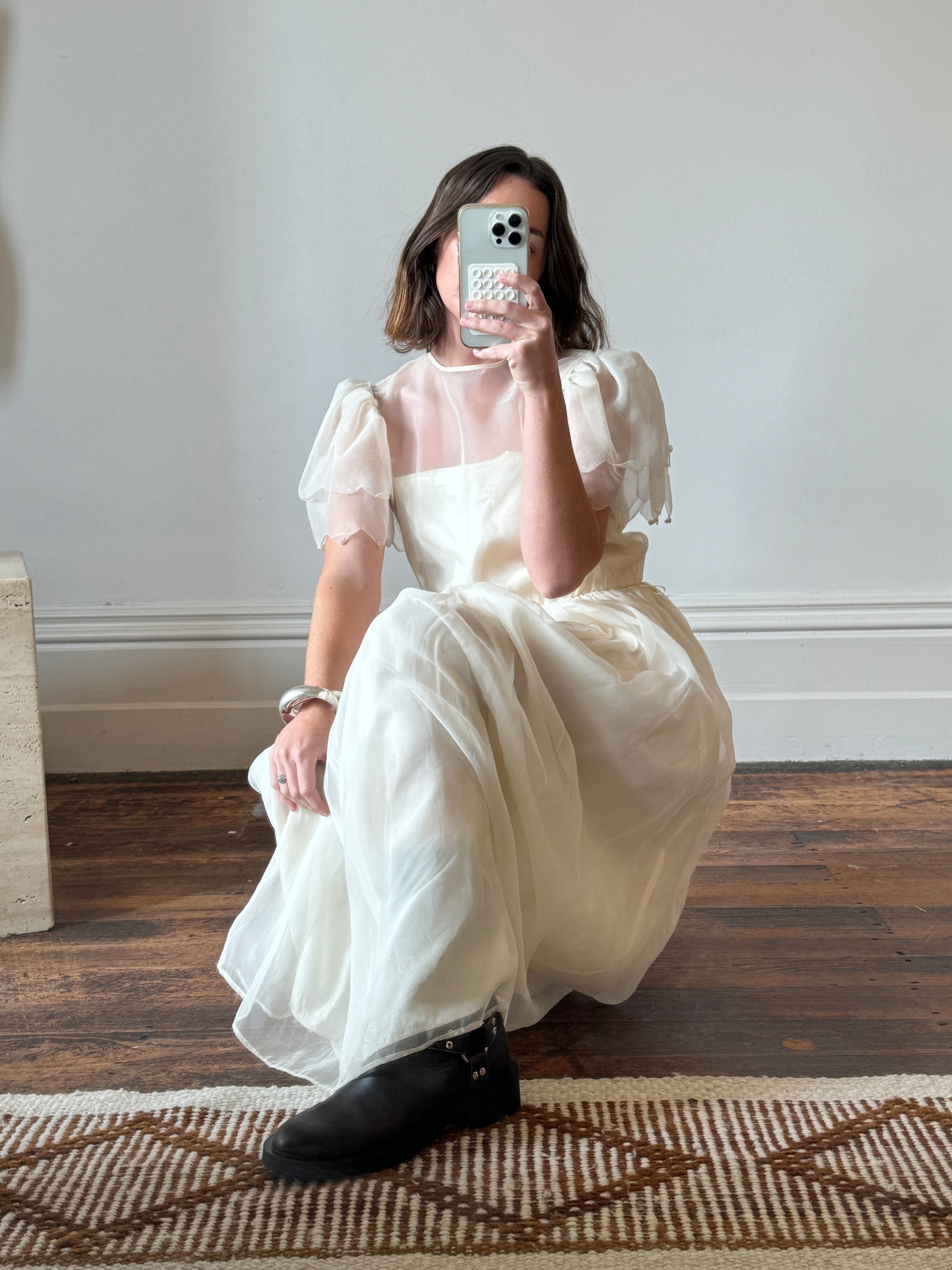 Vintage Flutter Sleeve Creme Evening Dress
