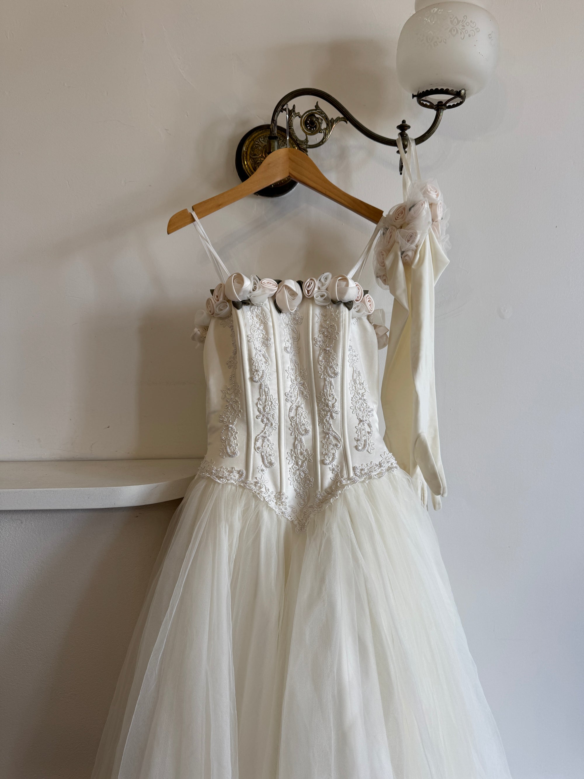 Vintage 90s Rosette Tulle Princess Wedding Gown with Gloves