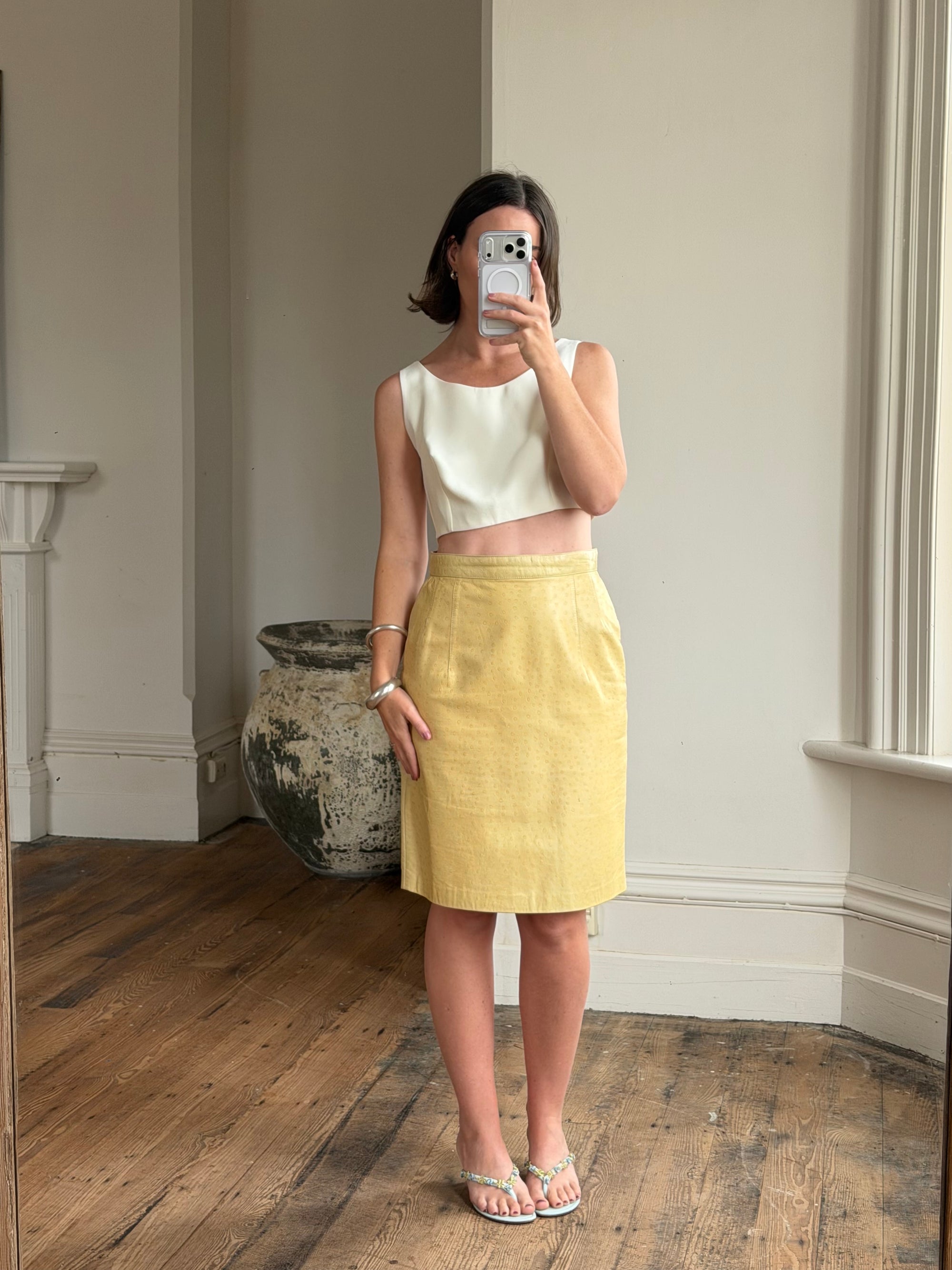 Vintage 90s Escada Butter Ostrich Leather Pencil Skirt