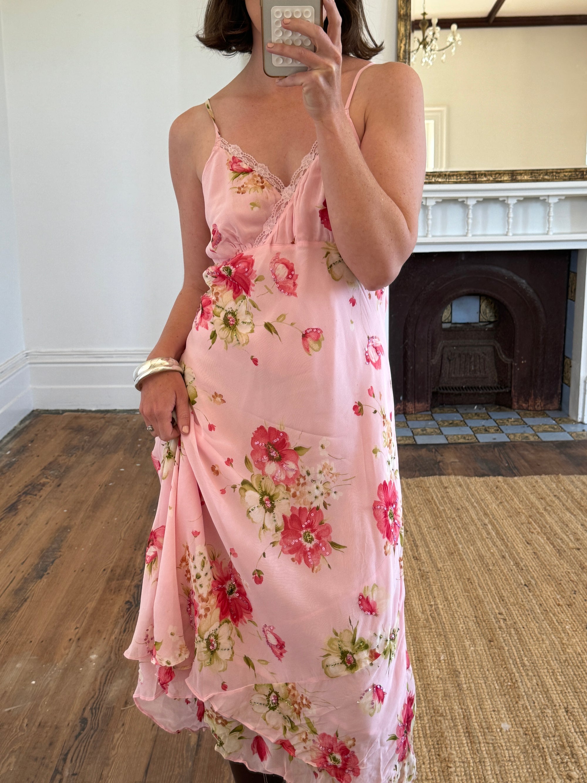 Vintage Y2K Floral Embellished Slip Dress Baby Pink