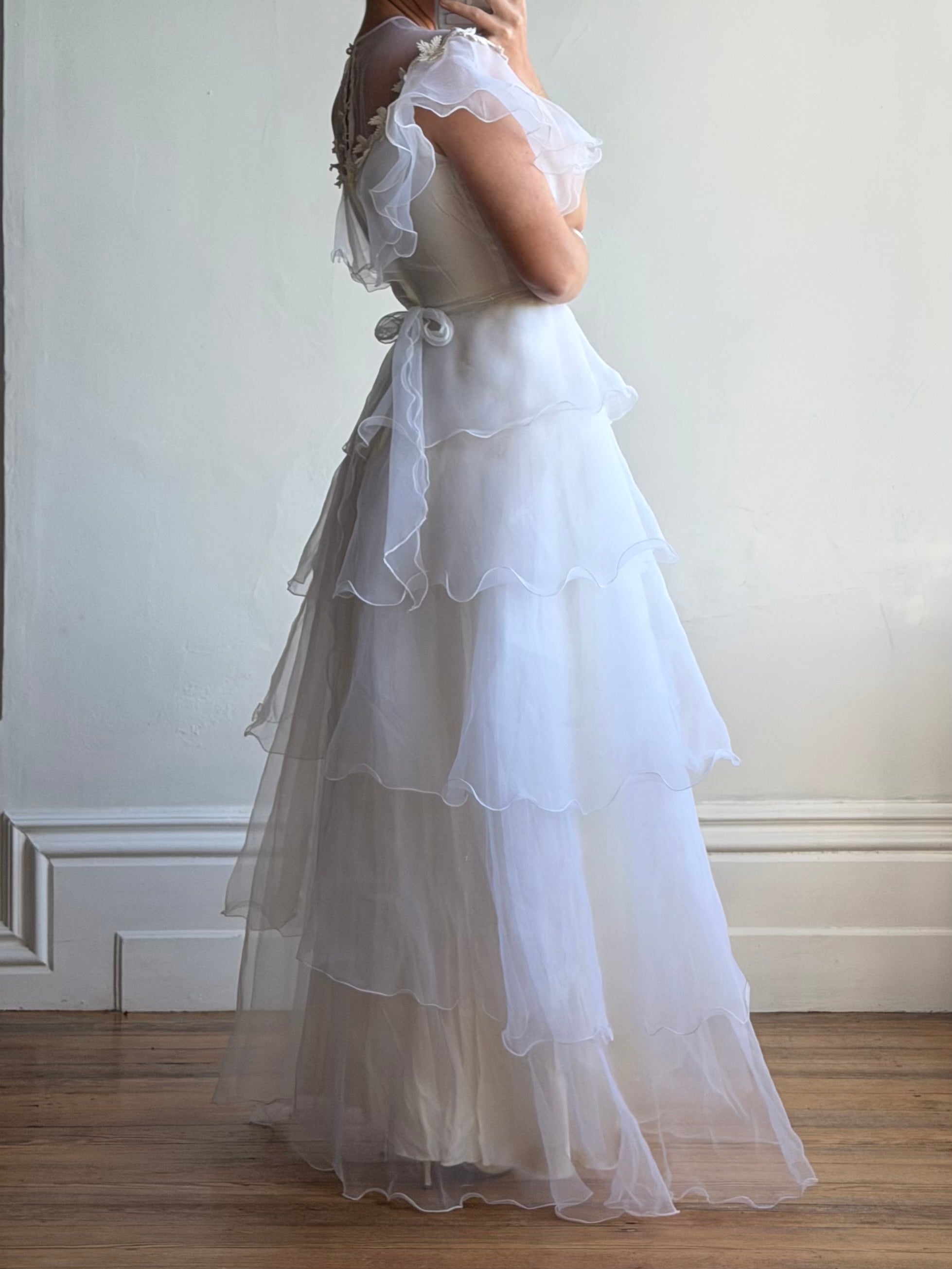 Vintage 70s Tiered Organza Prairie Daisy Wedding Dress